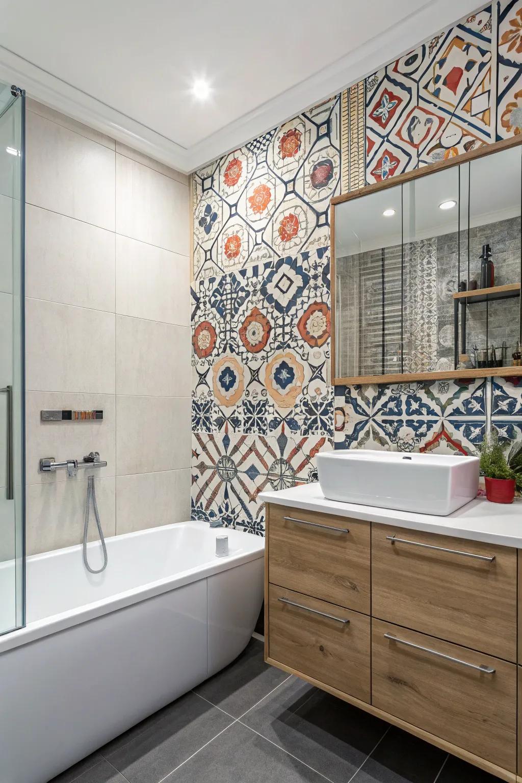 Feature wall with bold tiles for added interest.