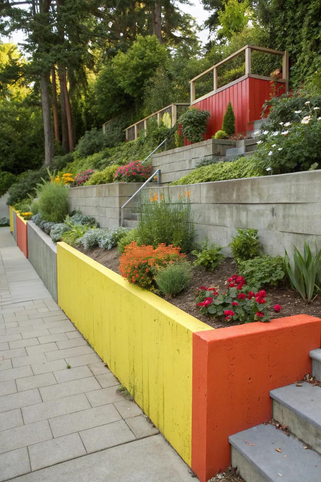 Concrete wall with bold color accents for a vibrant look.