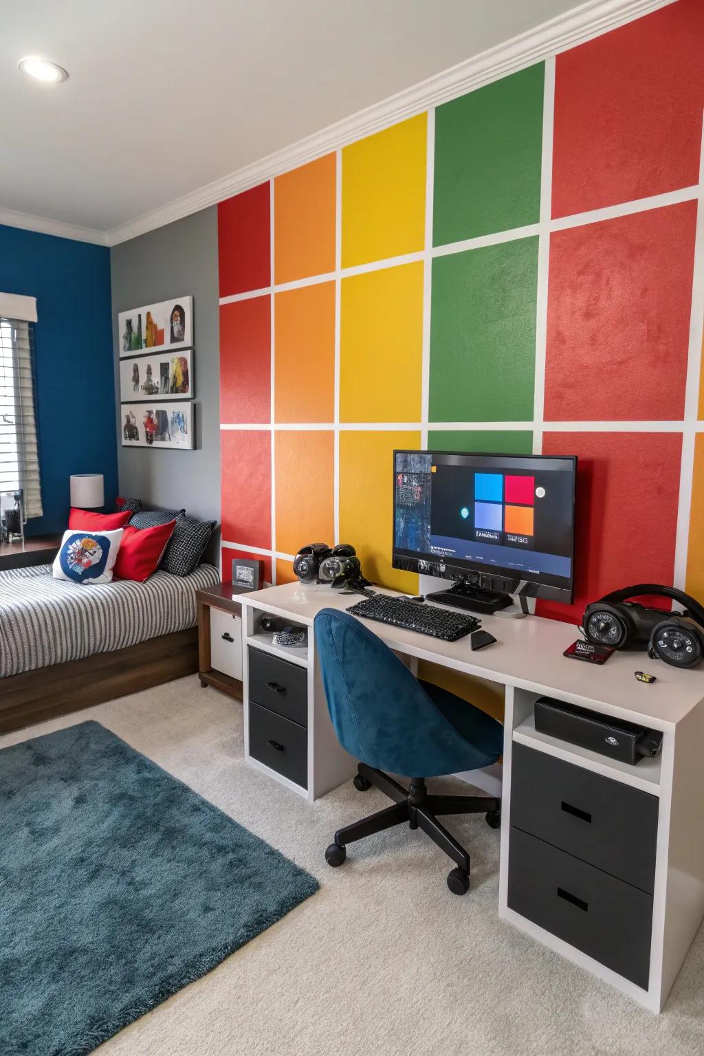 A gaming bedroom using color-blocking techniques for visual interest.