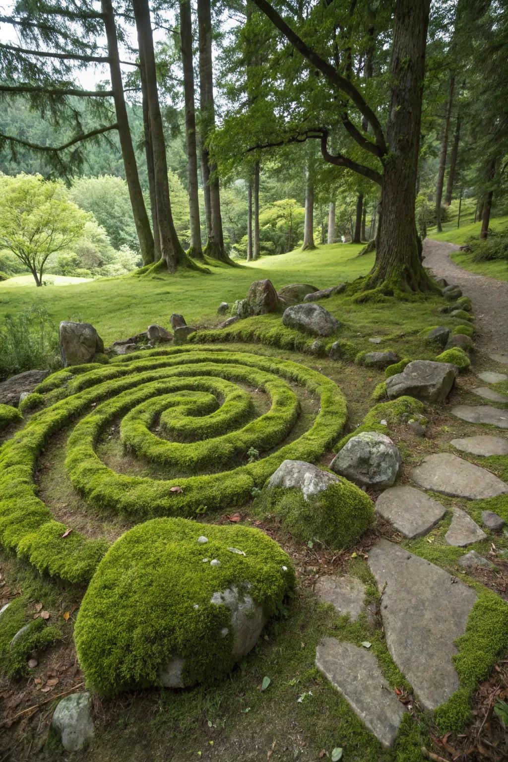 A hypnotic lichen rock coil infusing flair into the garden.