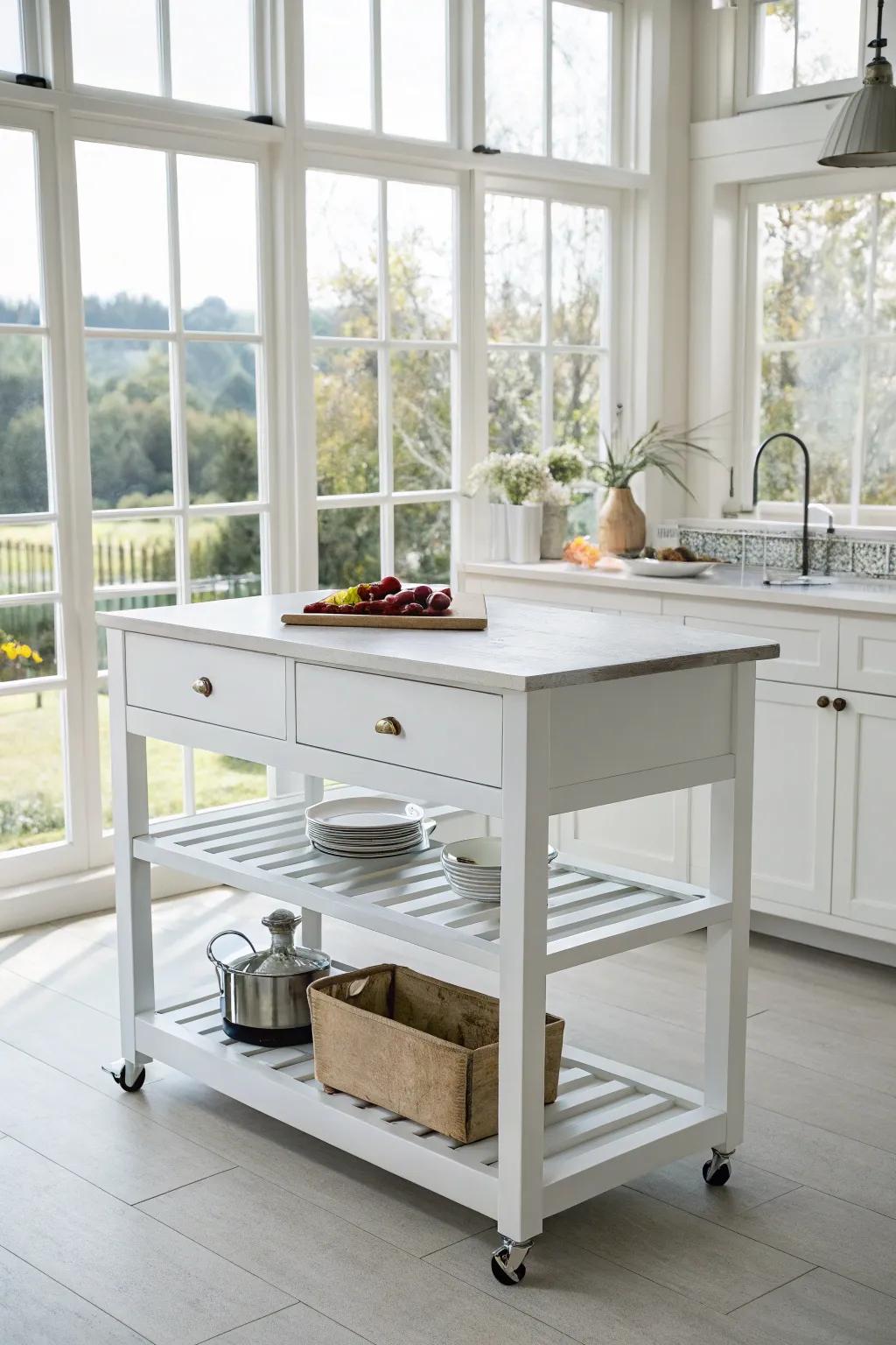 A fresh and elegant white kitchen island