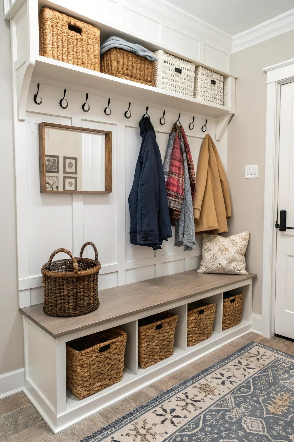 A harmonious mudroom bench designed with symmetry.