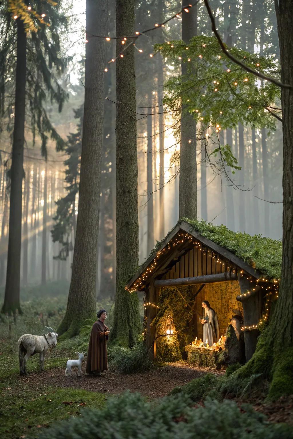 A magical forest backdrop adds a whimsical touch to your nativity scene.