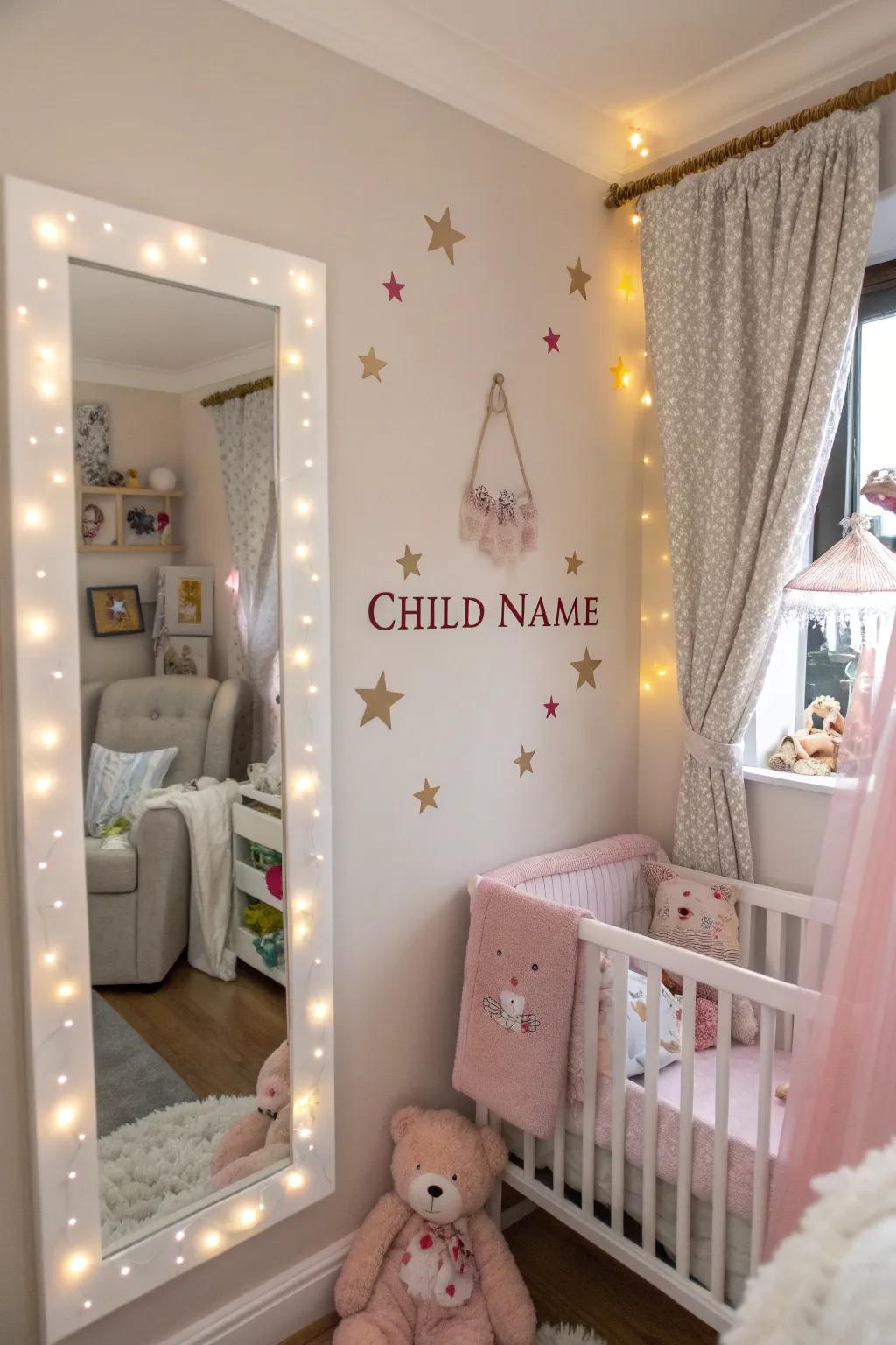 A customized mirror adds a unique, personal touch to this nursery.