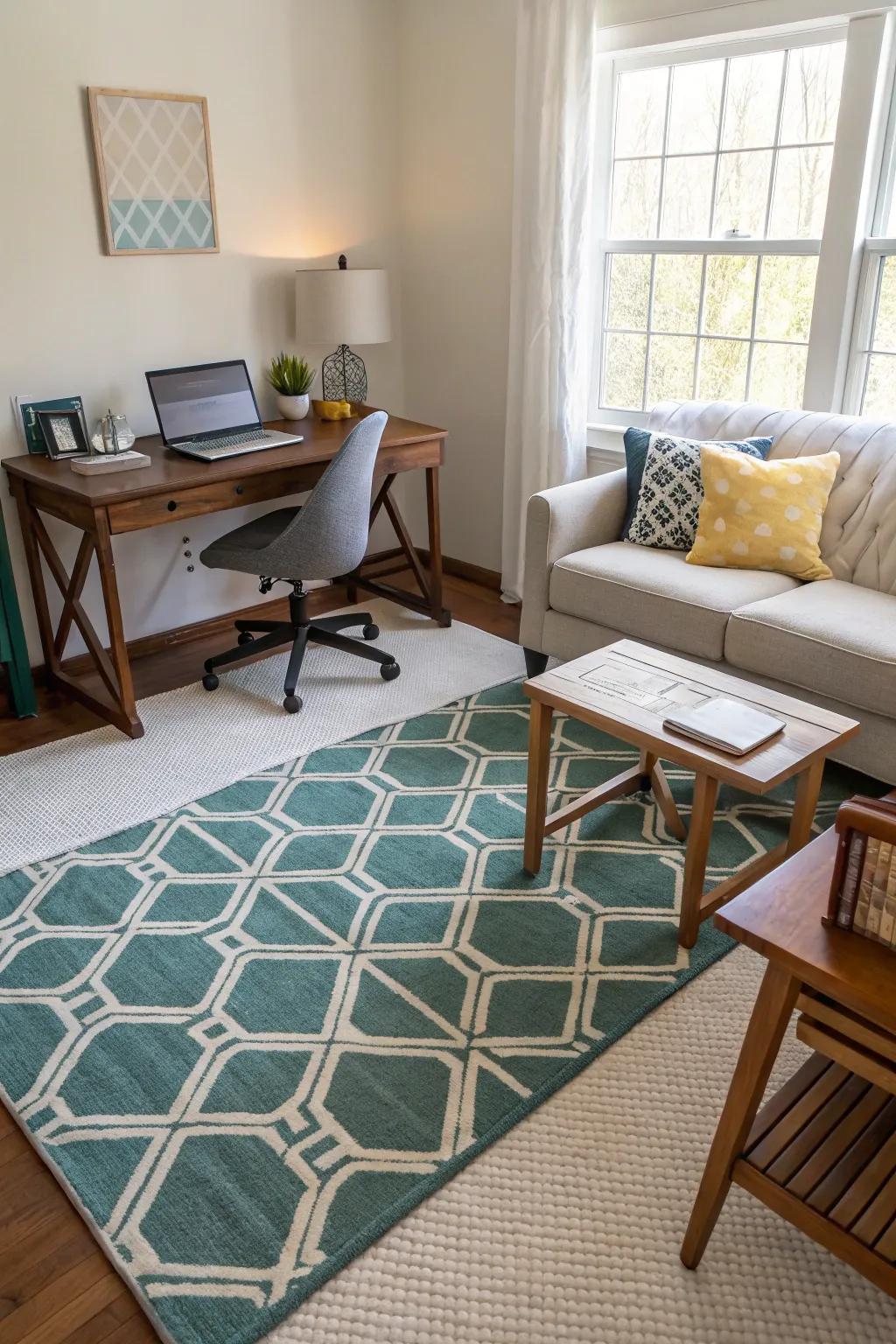 Rugs define and differentiate spaces within the room.