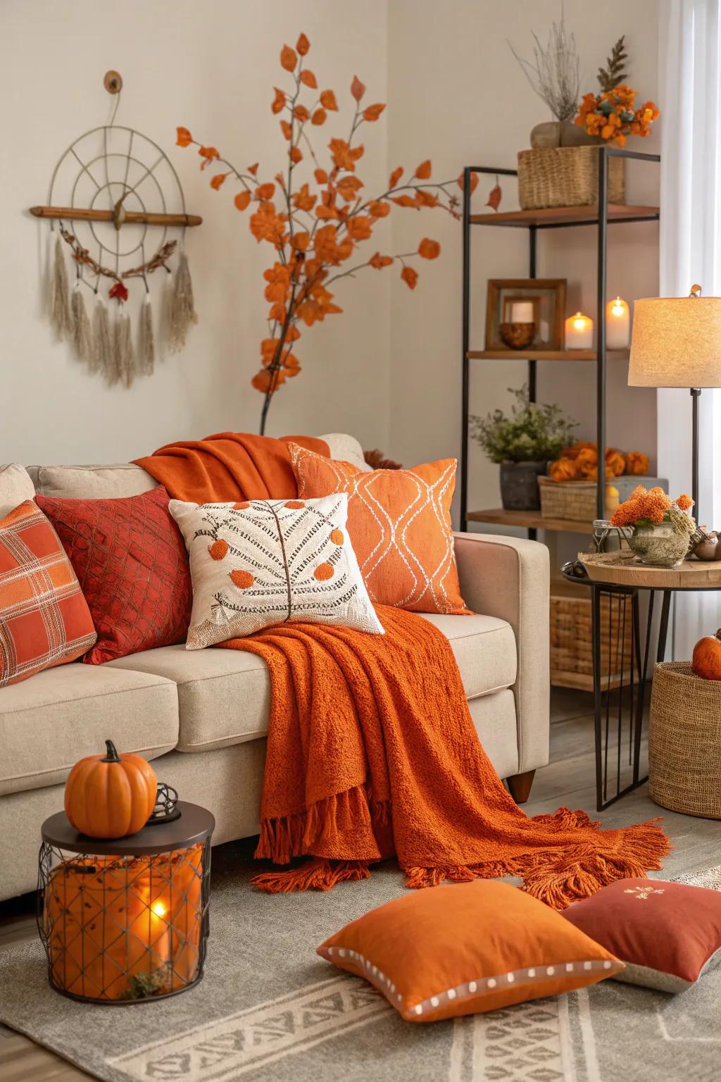 Seasonal orange decor keeps the living room fresh and vibrant year-round.