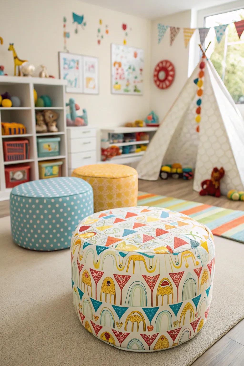 Playful ottomans in a vibrant playroom