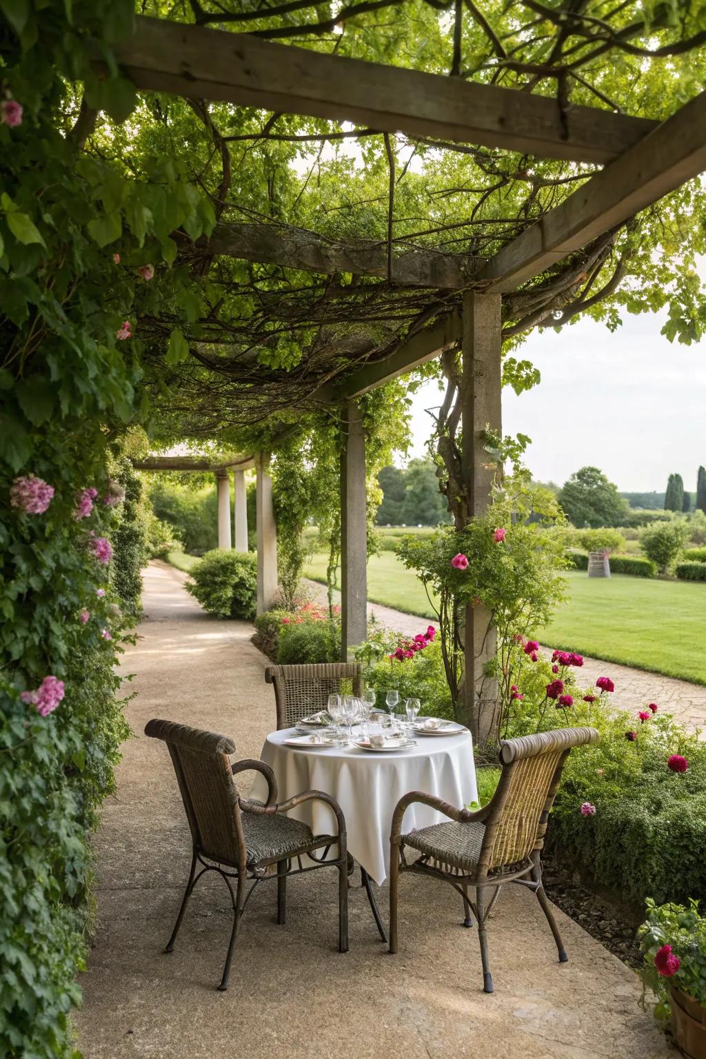 An outdoor dining nook creates intimate and special meals.