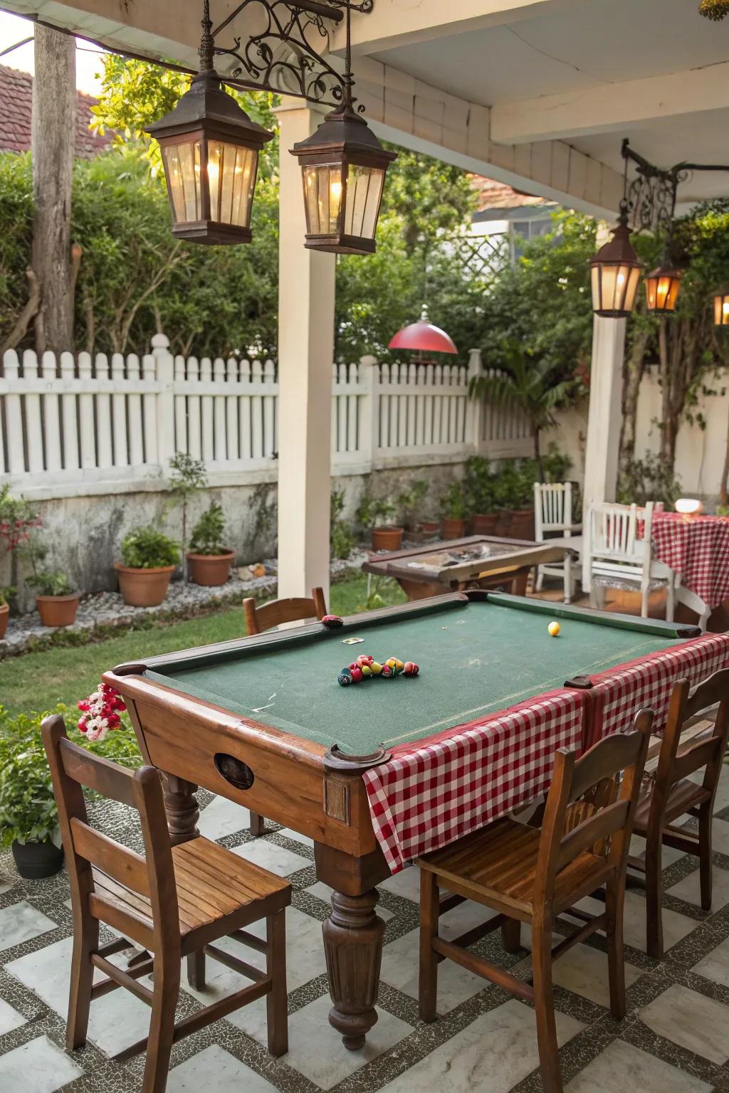 A vintage-style pool table area with charming retro decor.