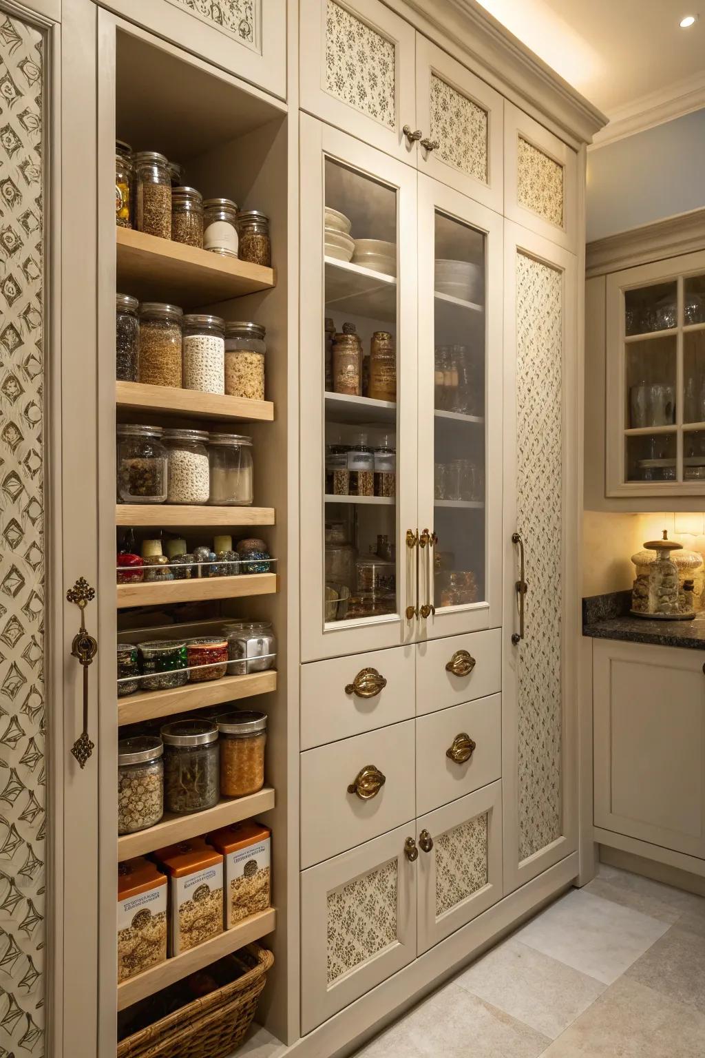 A pantry featuring unique hardware that adds a personal touch.