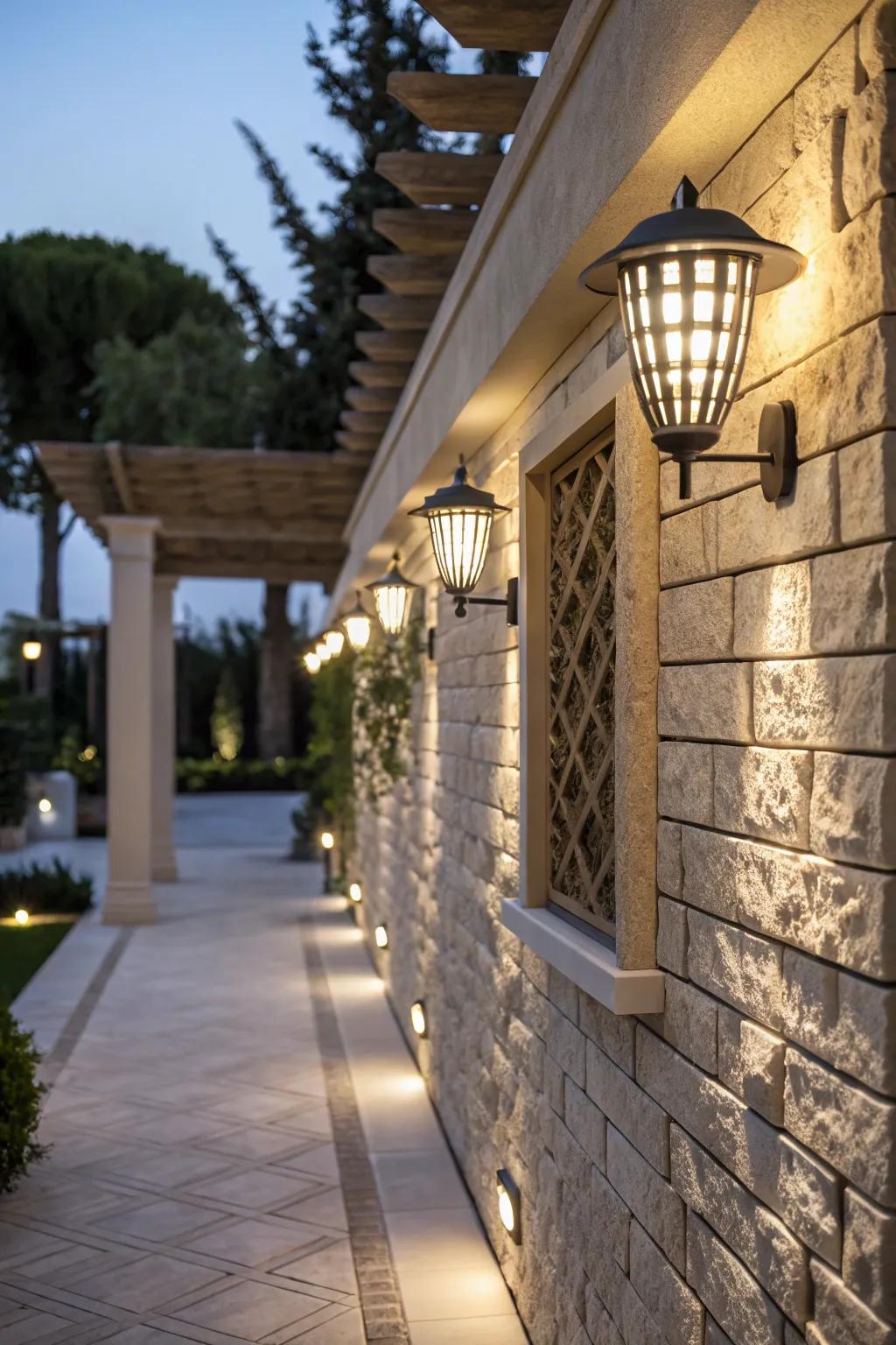 Sculptural lighting adds both art and illumination to the patio wall.