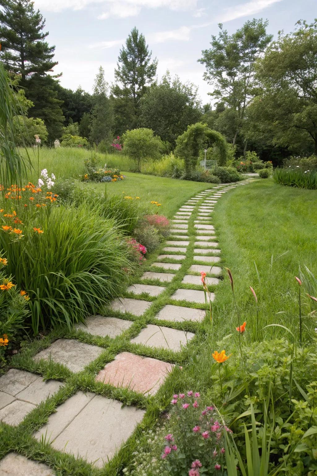 A harmonious grass and paver walkway in a lush lawn.