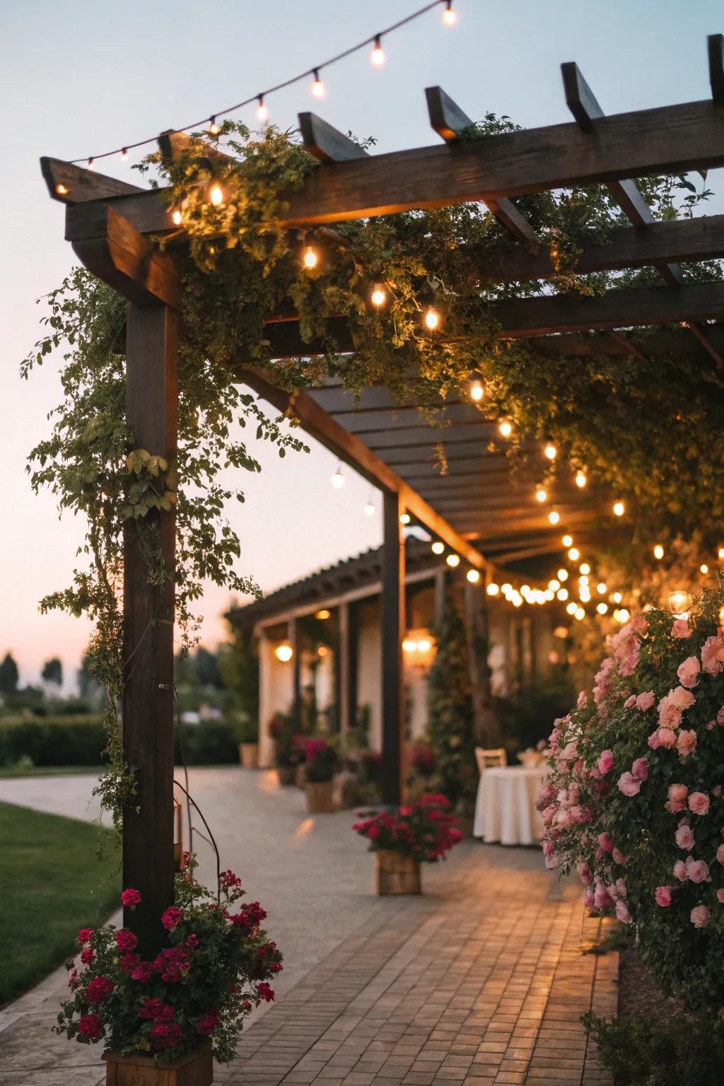 An overhead canopy with layered lighting creates intimacy.