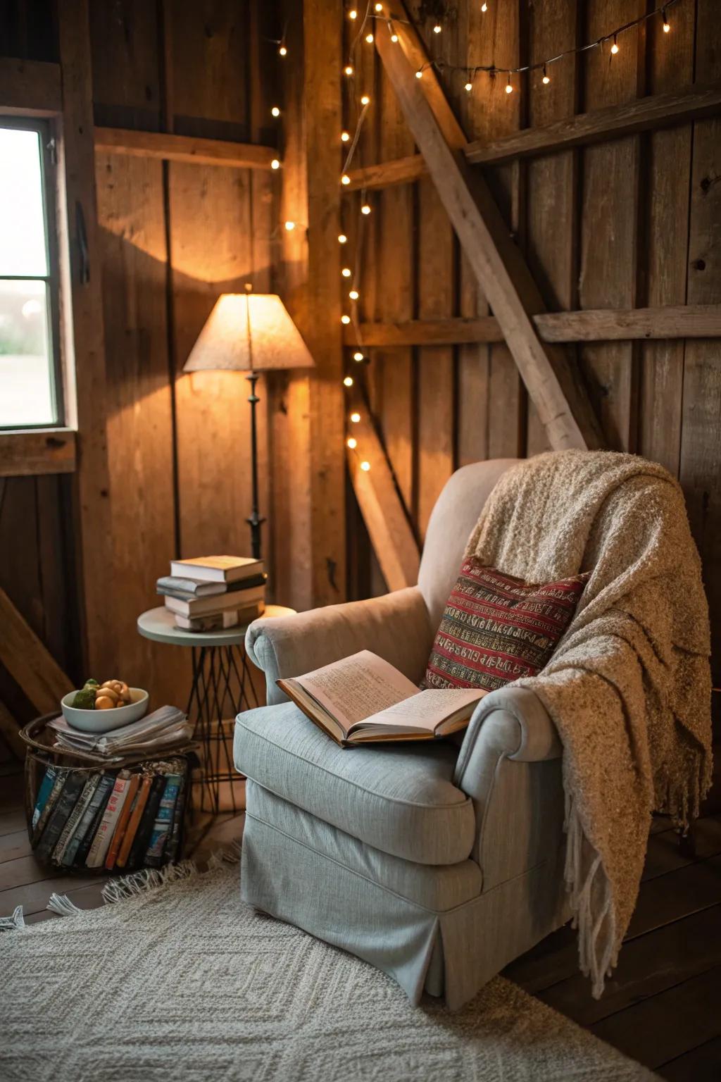 A cozy relaxing nook in a pole barn with a comfy chair and soft lighting.