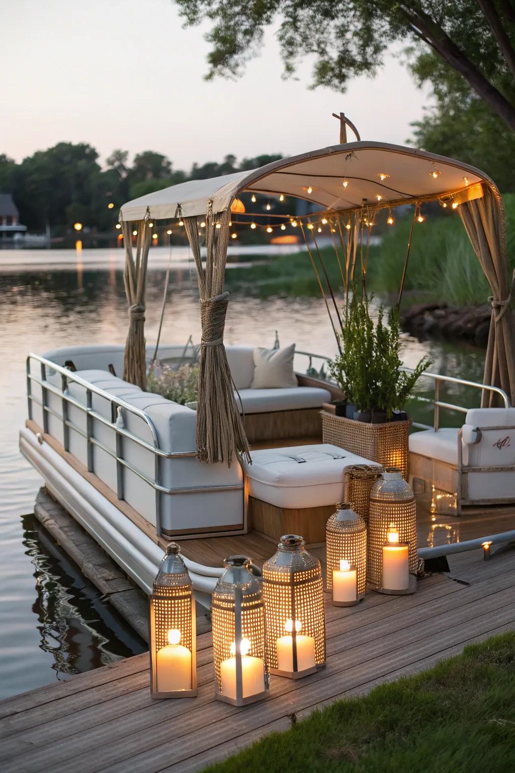 Zen-themed pontoon boat offering a tranquil retreat on the water.