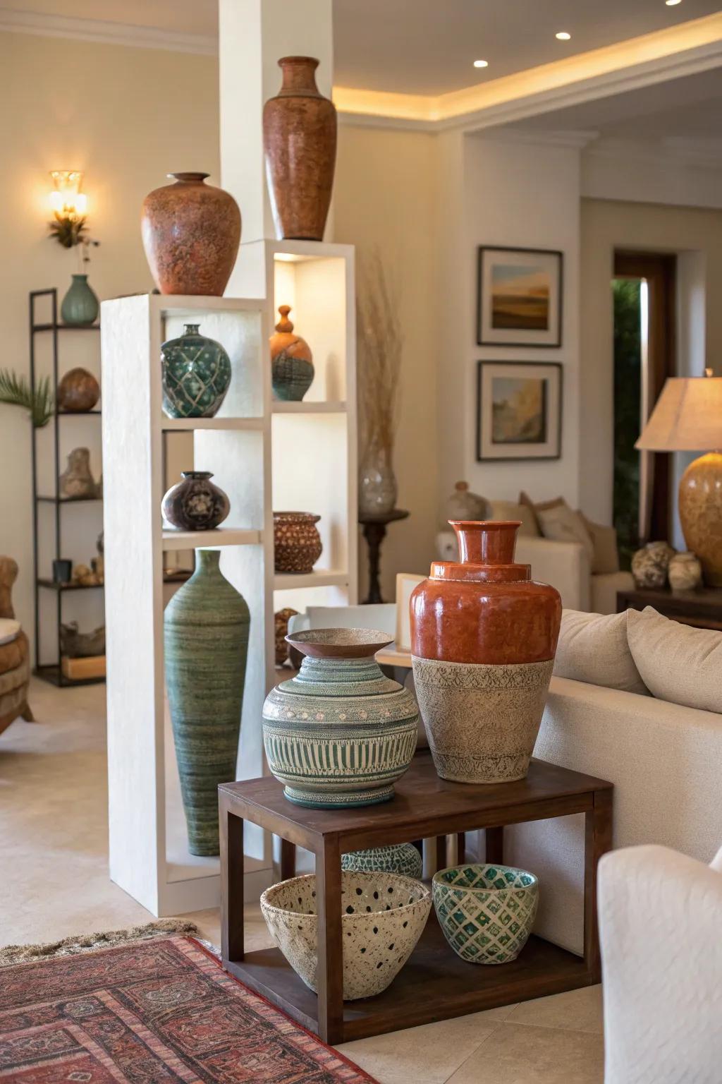 A dynamic pottery display presenting varied heights.