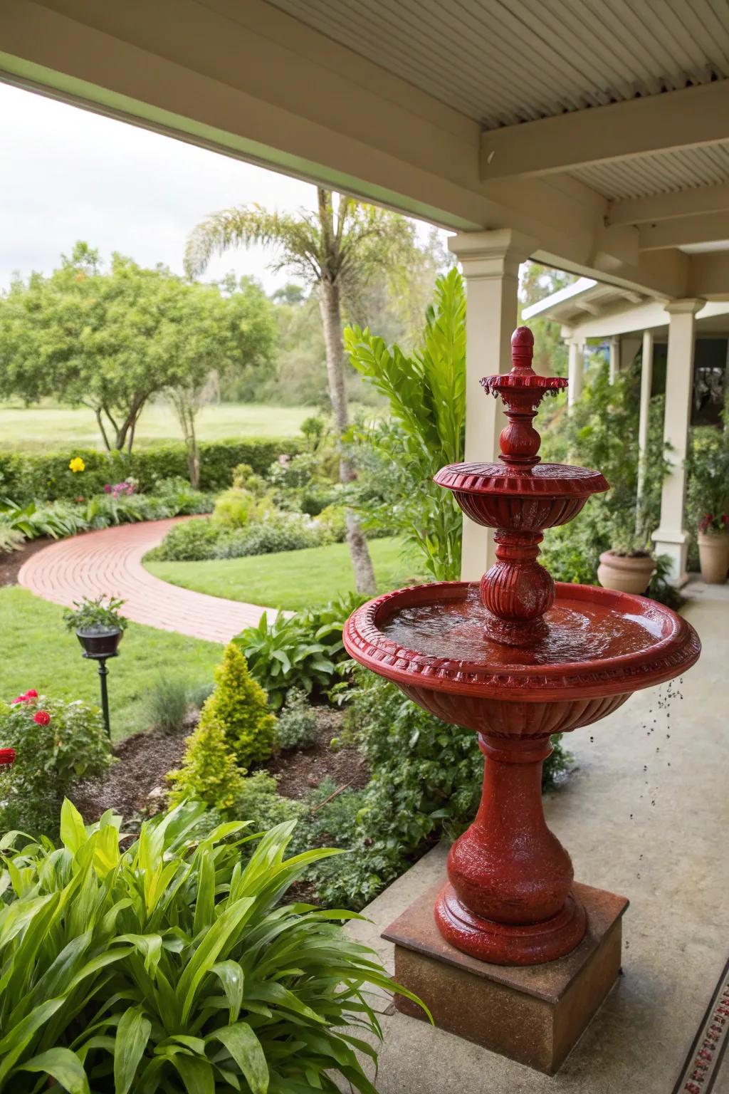 A red fountain serves as a stunning patio centerpiece.