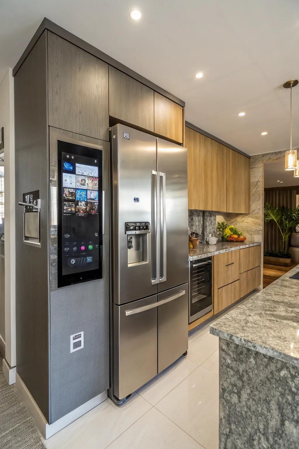 High-tech features around the refrigerator create a futuristic and functional kitchen.