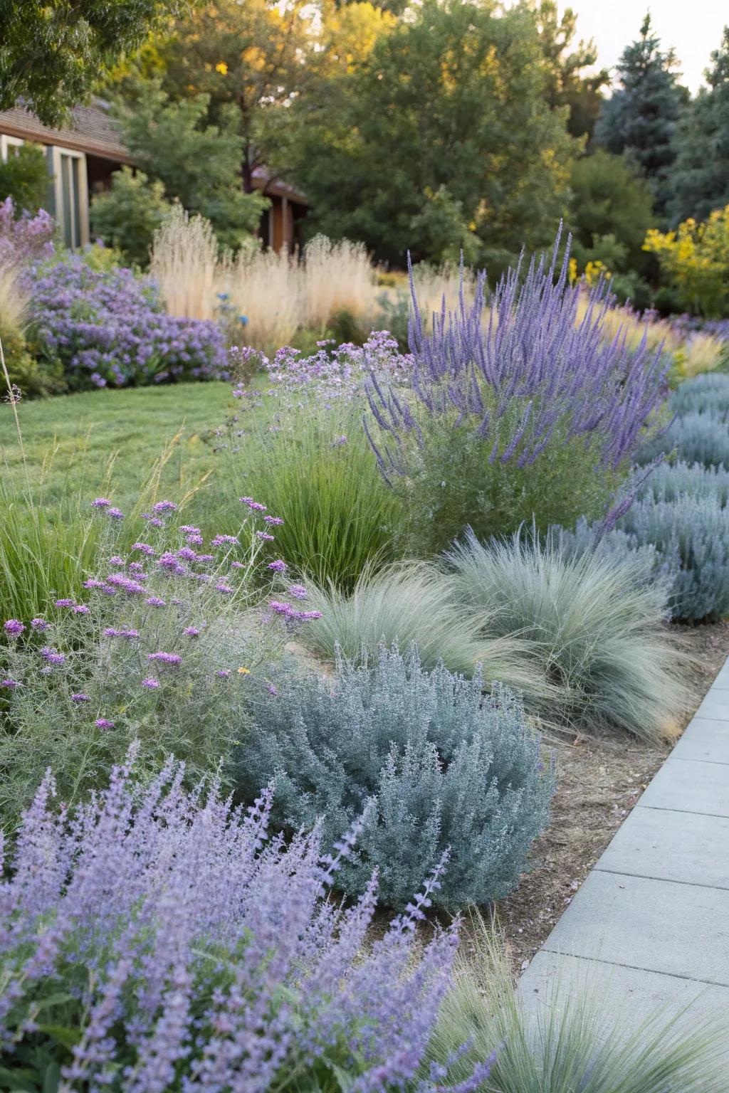 A calming garden retreat featuring Silver Queen and azure sedge.