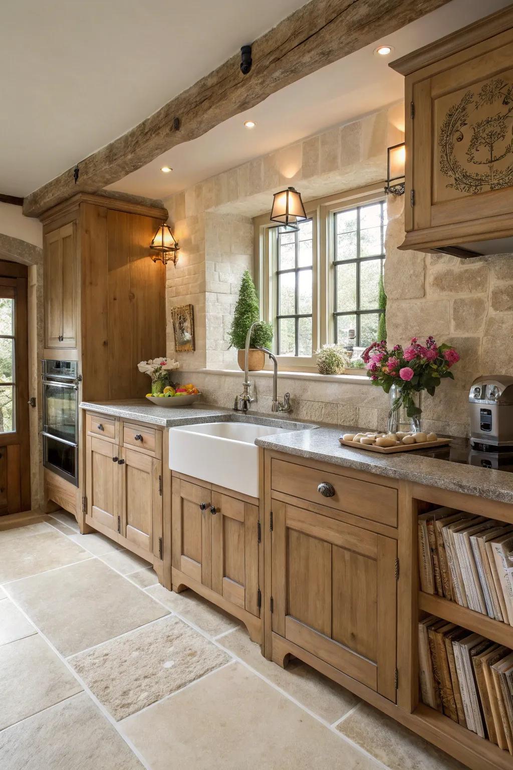 Limestone floors offer elegance with a rustic touch.