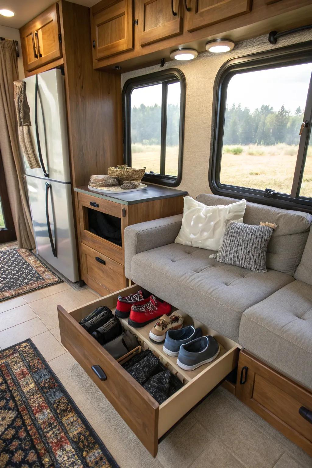 Slide away clutter with under-furniture boot trays.