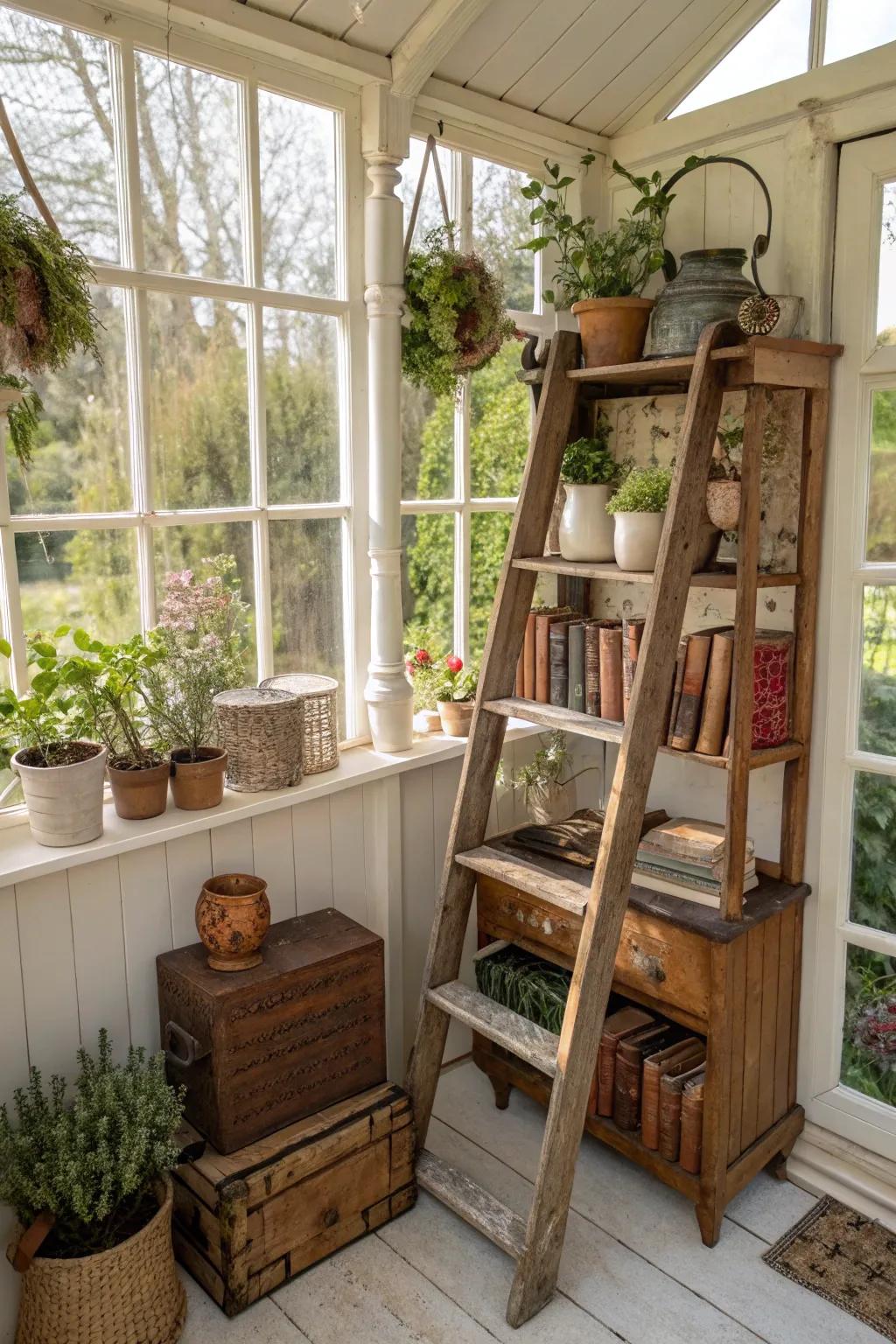 Garden room with repurposed ladder shelves adding vintage charm.