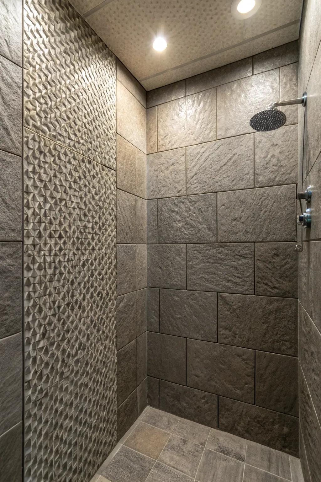 Textured grey tiles for a unique shower experience.