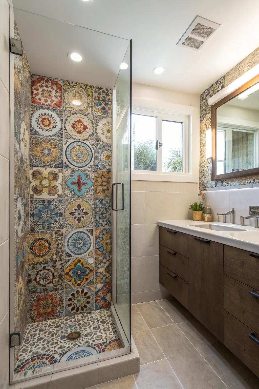 Mosaic tilework brings texture and interest to shower areas.