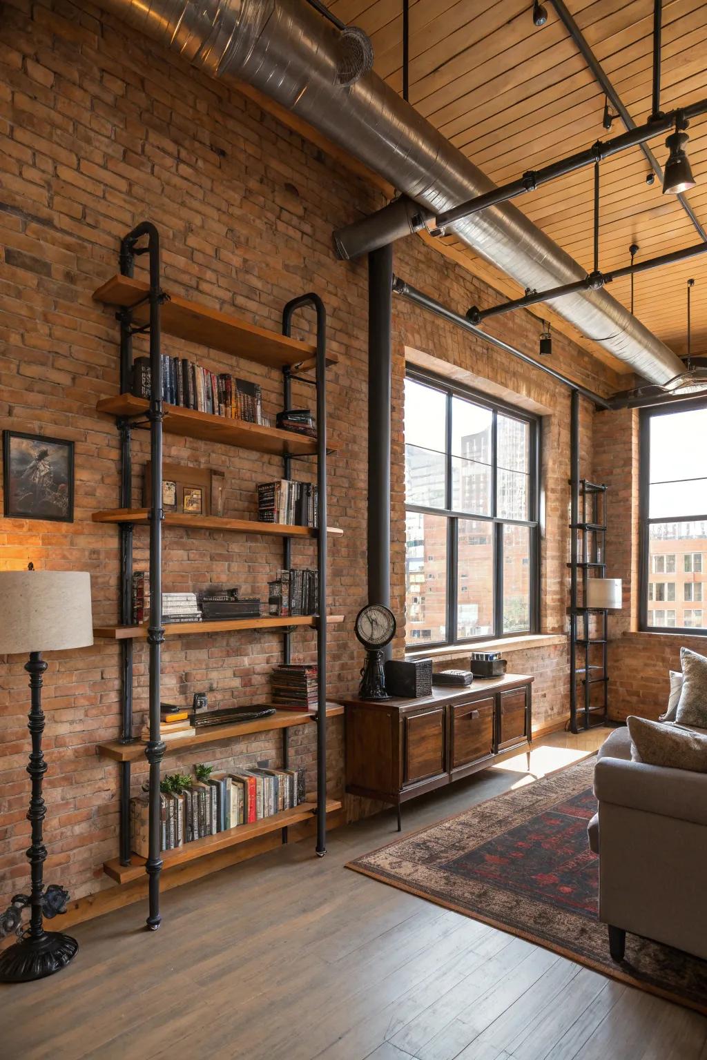 Industrial pipe shelves blend rustic and modern styles.