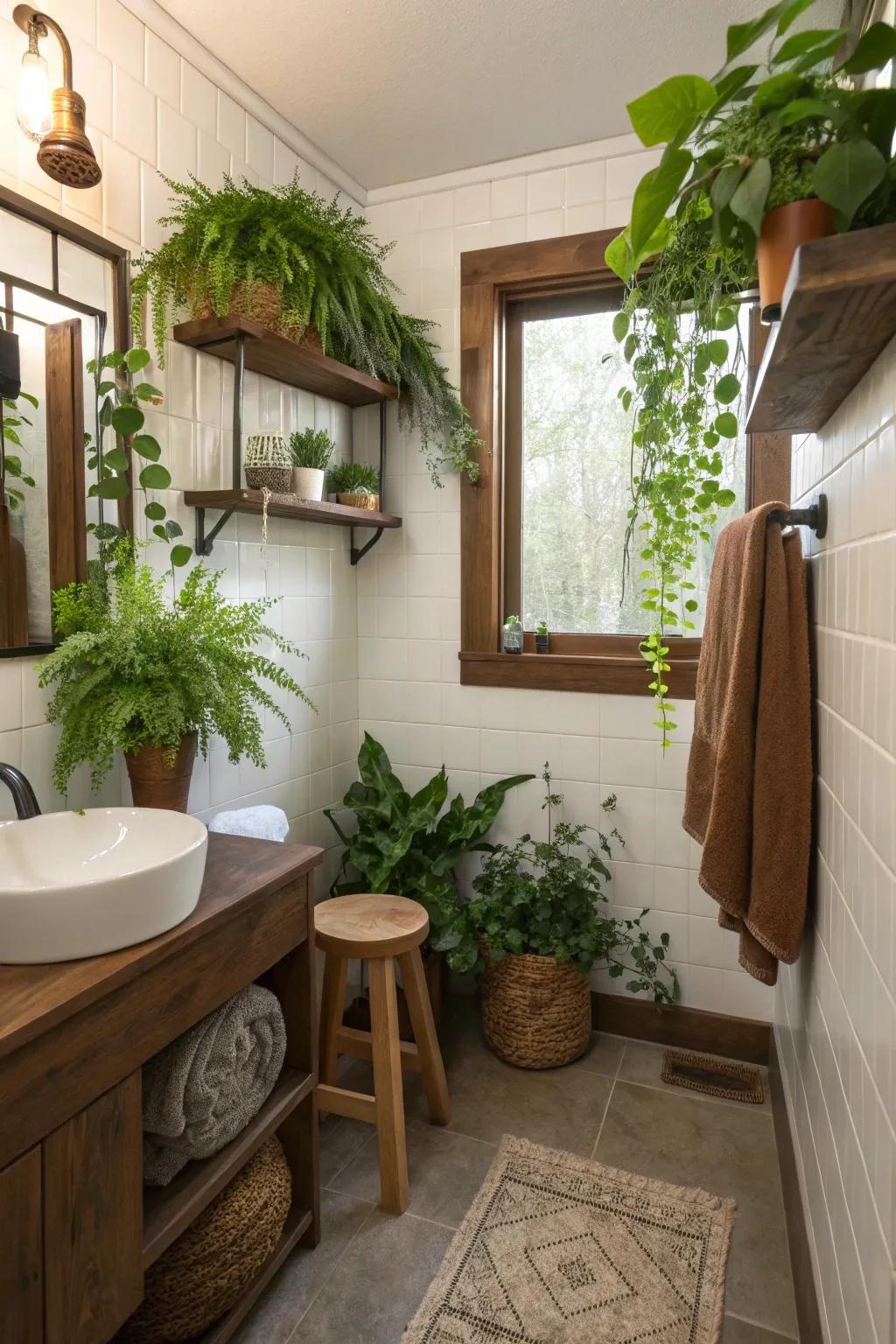 Green plants and brown accents create a refreshing natural vibe.