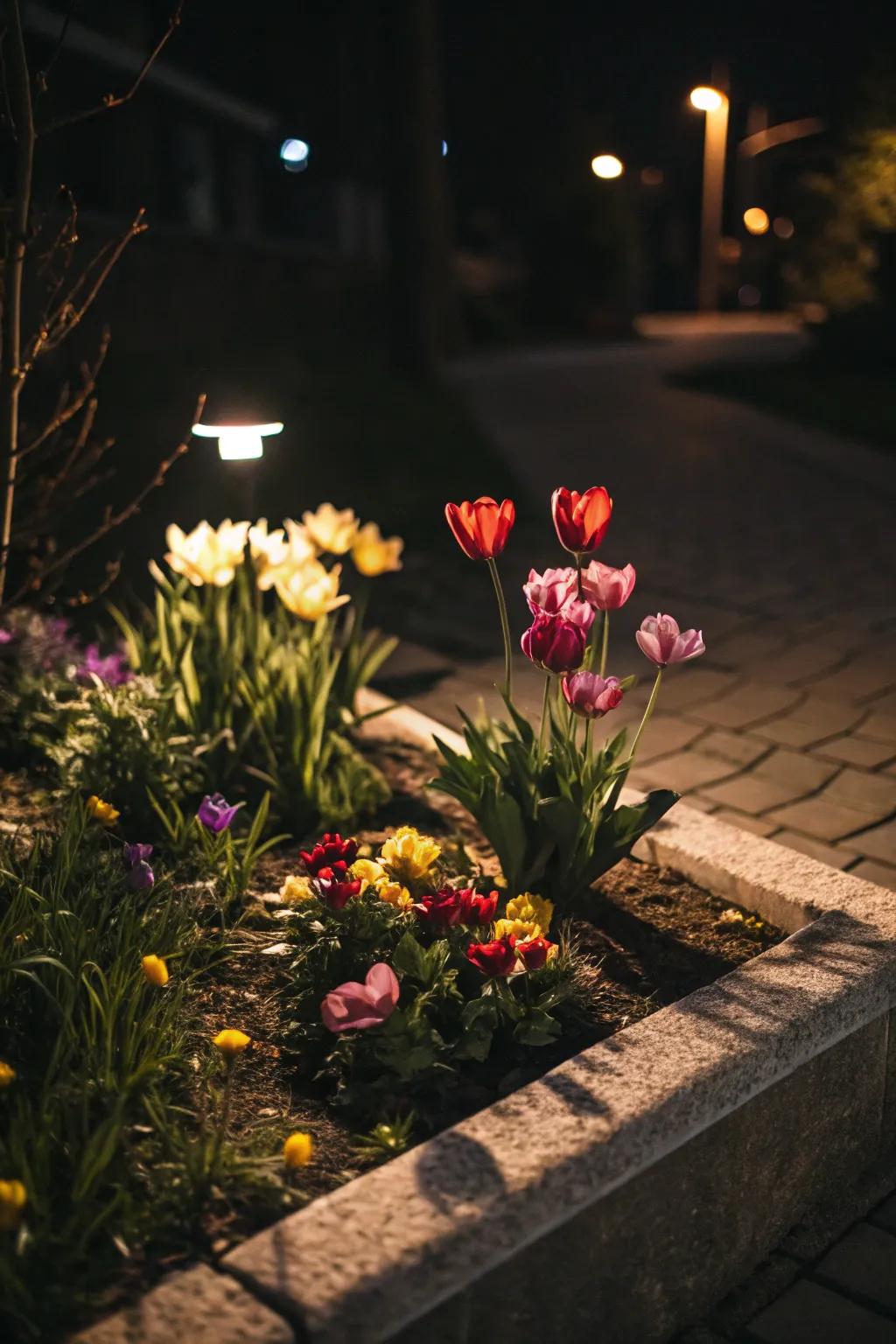 A magical small flower bed softly illuminated by solar lights.