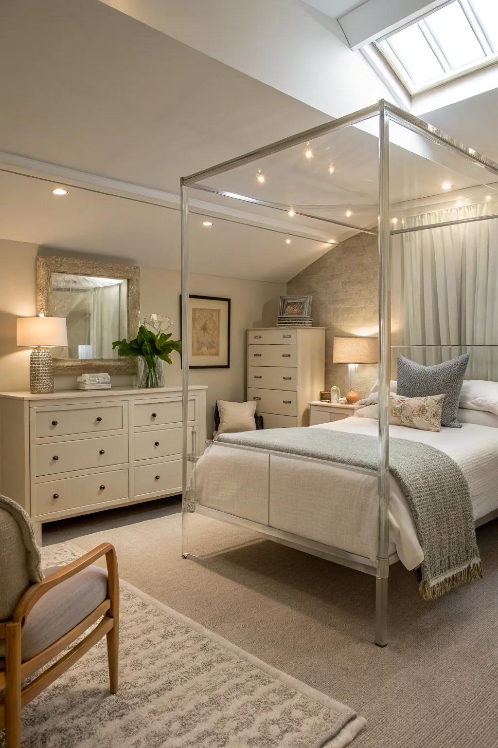 See-through furnishings sustain an airy ambiance within a small master bedroom.