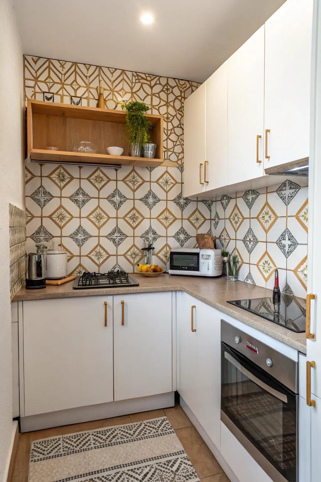 Geometric patterns add style and distract from size in small kitchens.