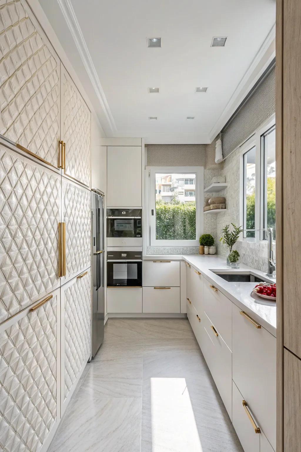 Textured finishes add interest to a white kitchen.