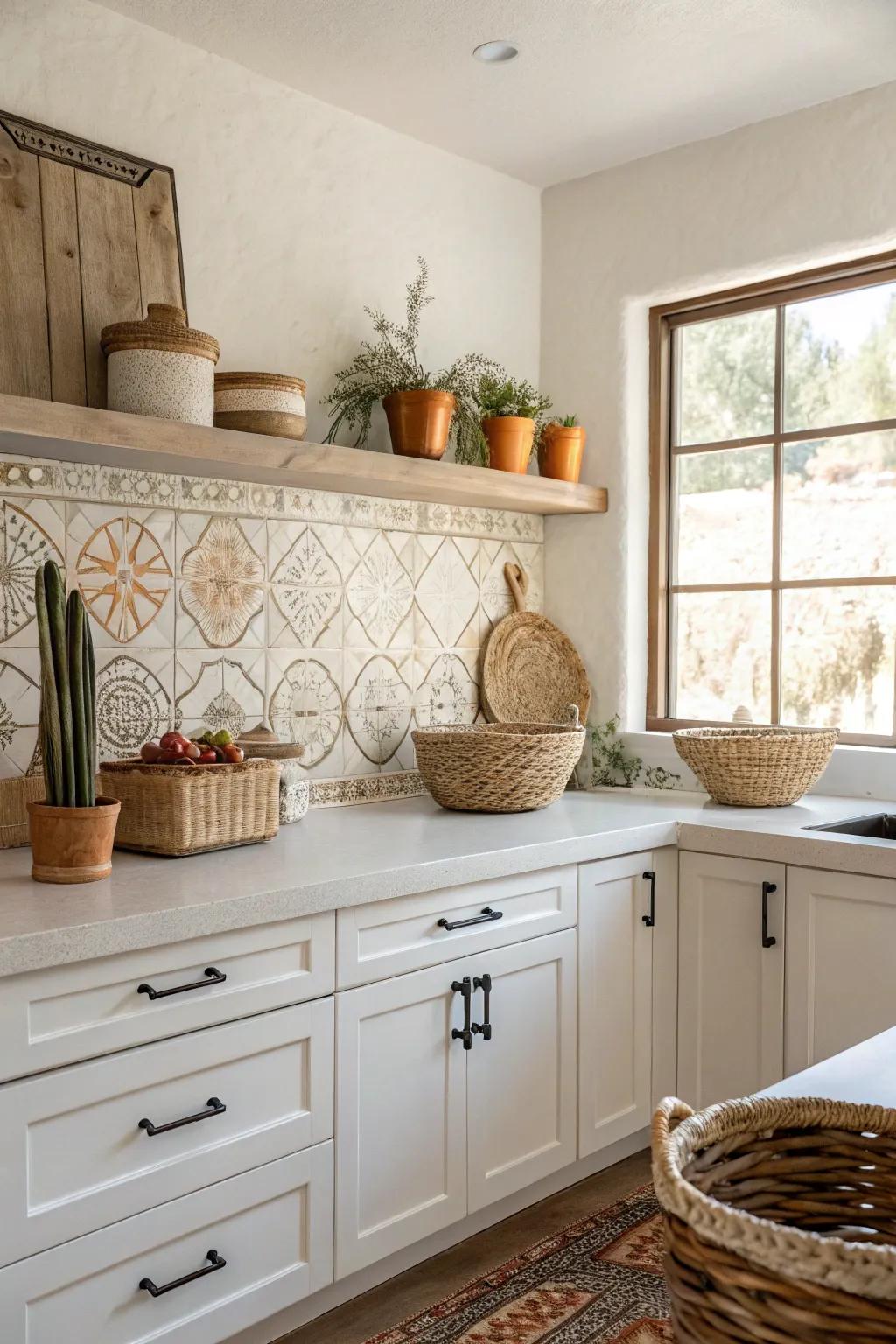 Minimalist tiles with a hint of Southwest flair offer a clean, subtle style.