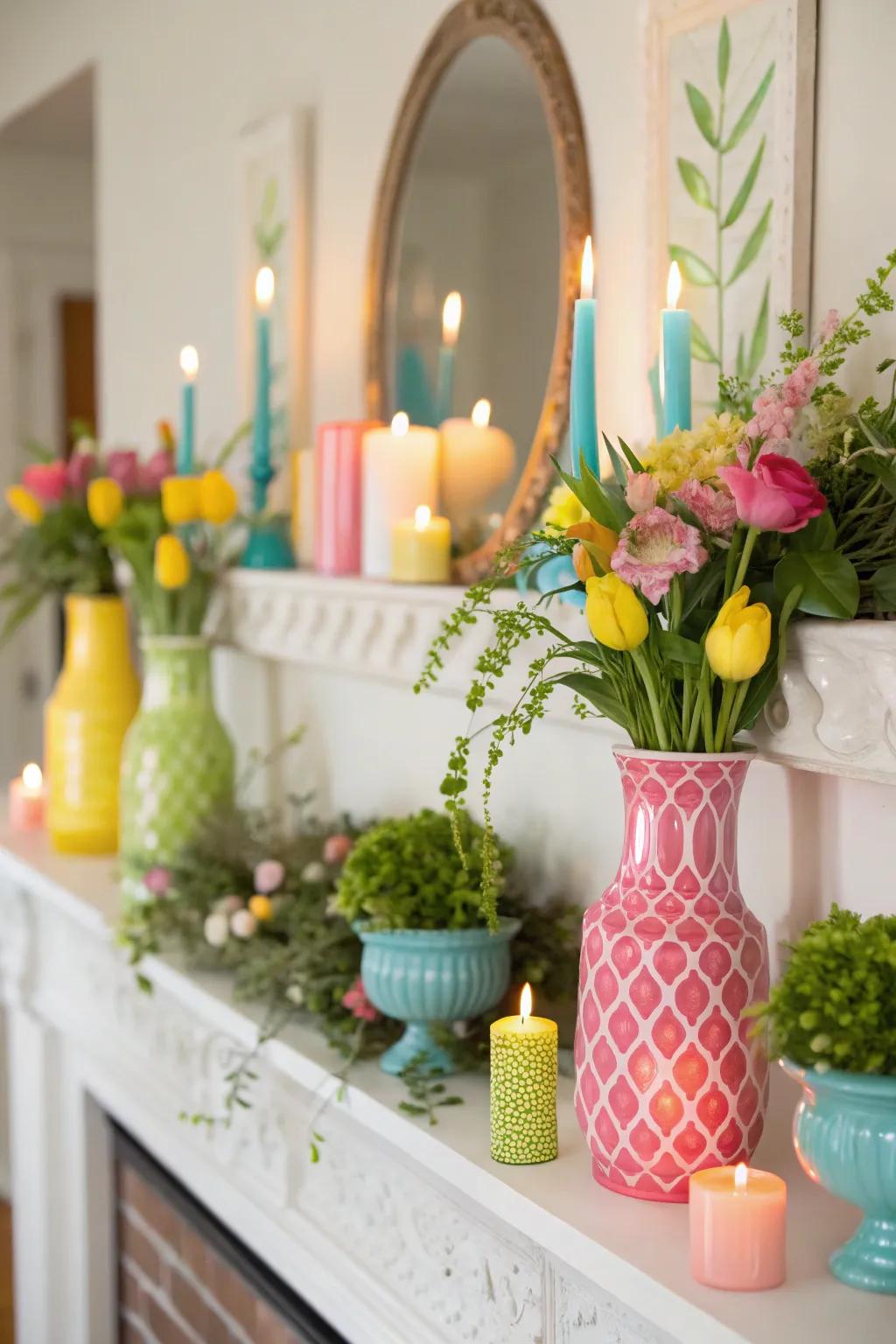 A spring mantel display with various textures and heights.