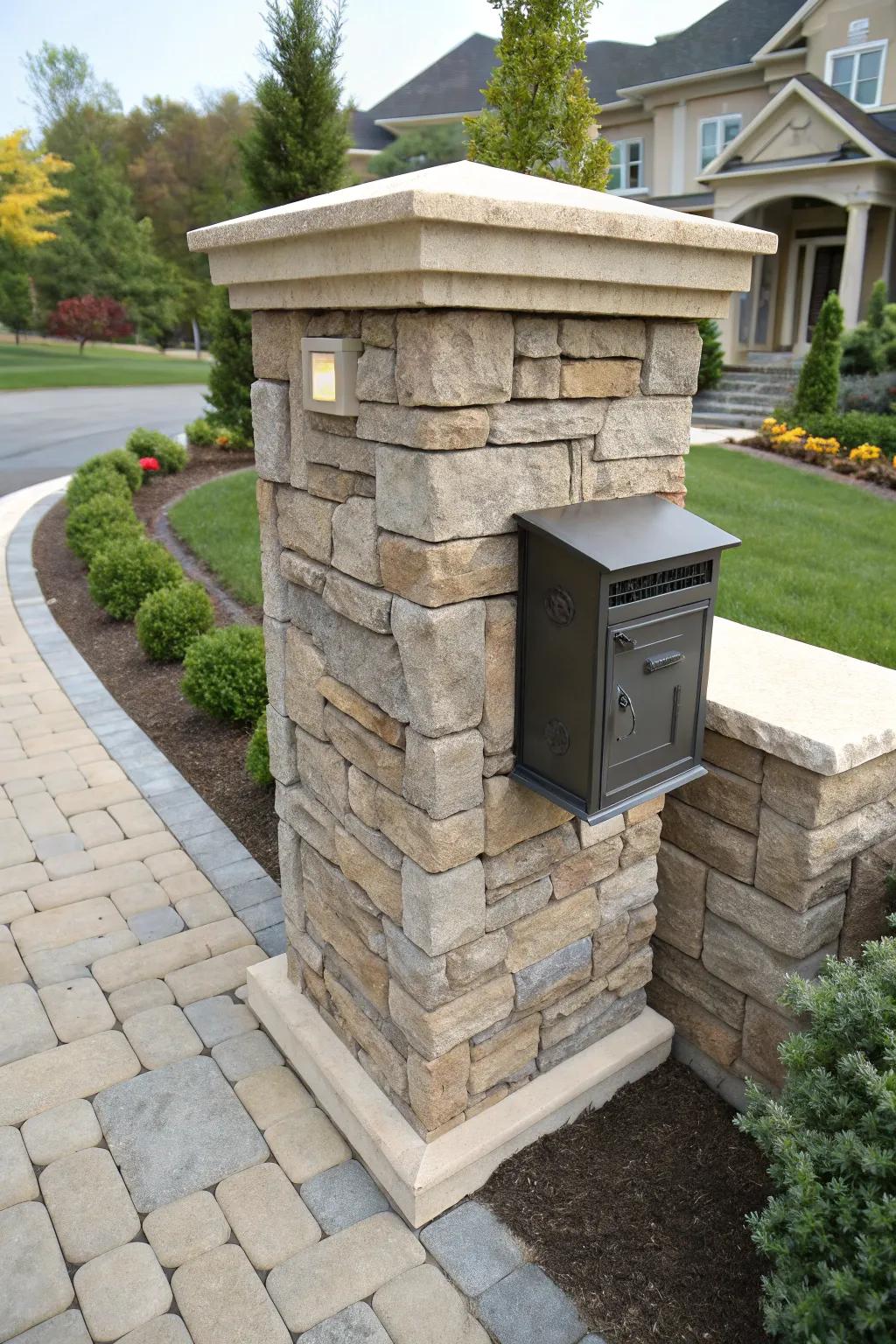 A stone mailbox pillar with a smart hidden compartment feature.