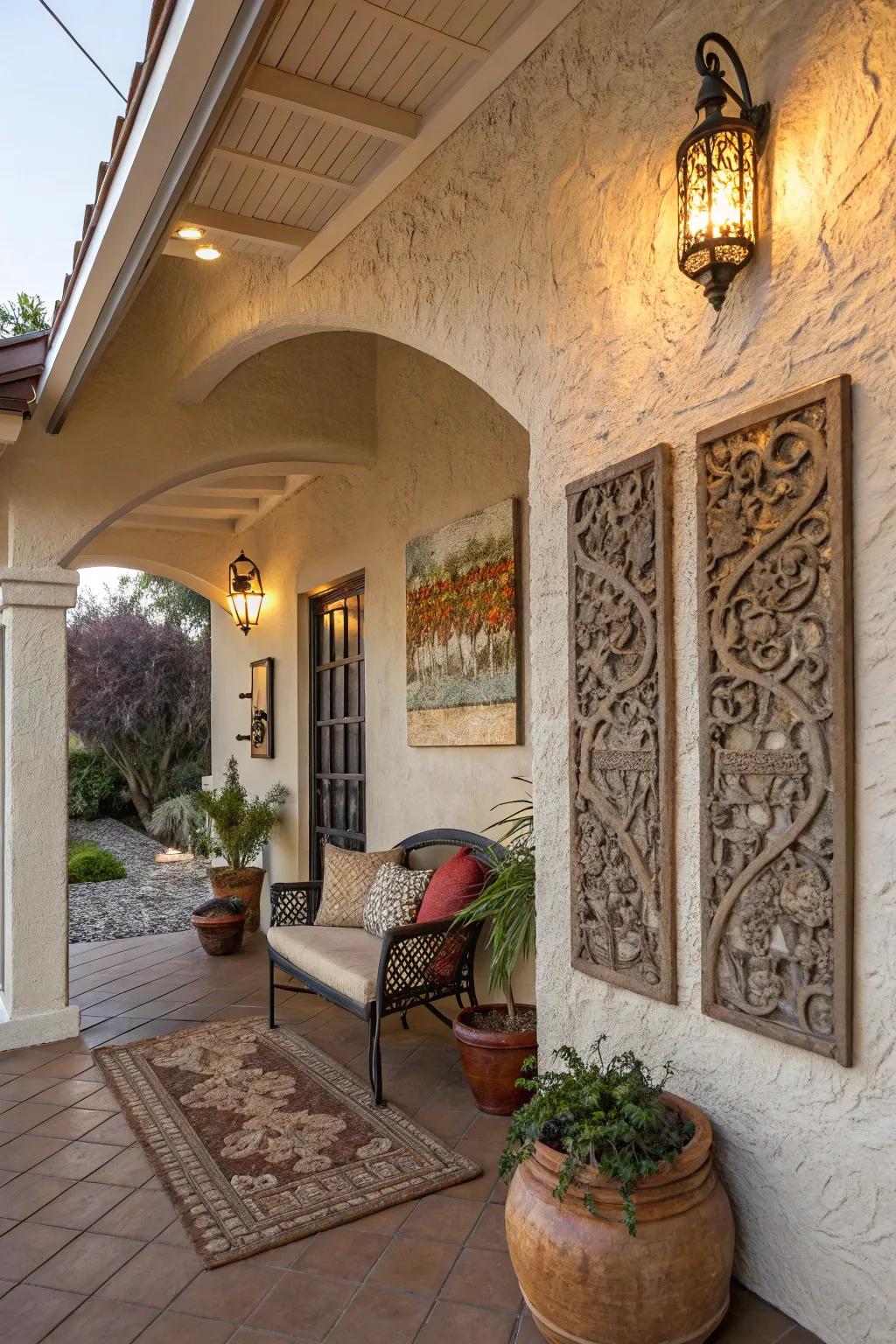 Textured wall art adds a cozy element to this stucco porch.