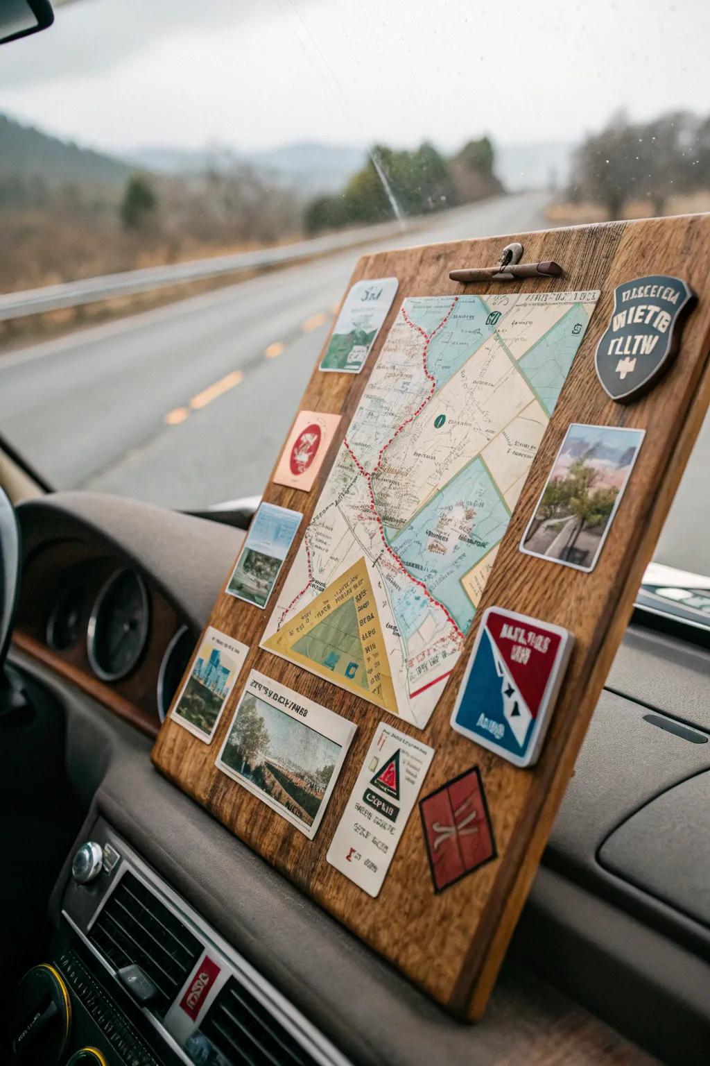 A board capturing the essence of a summer motor tour with maps and signs.