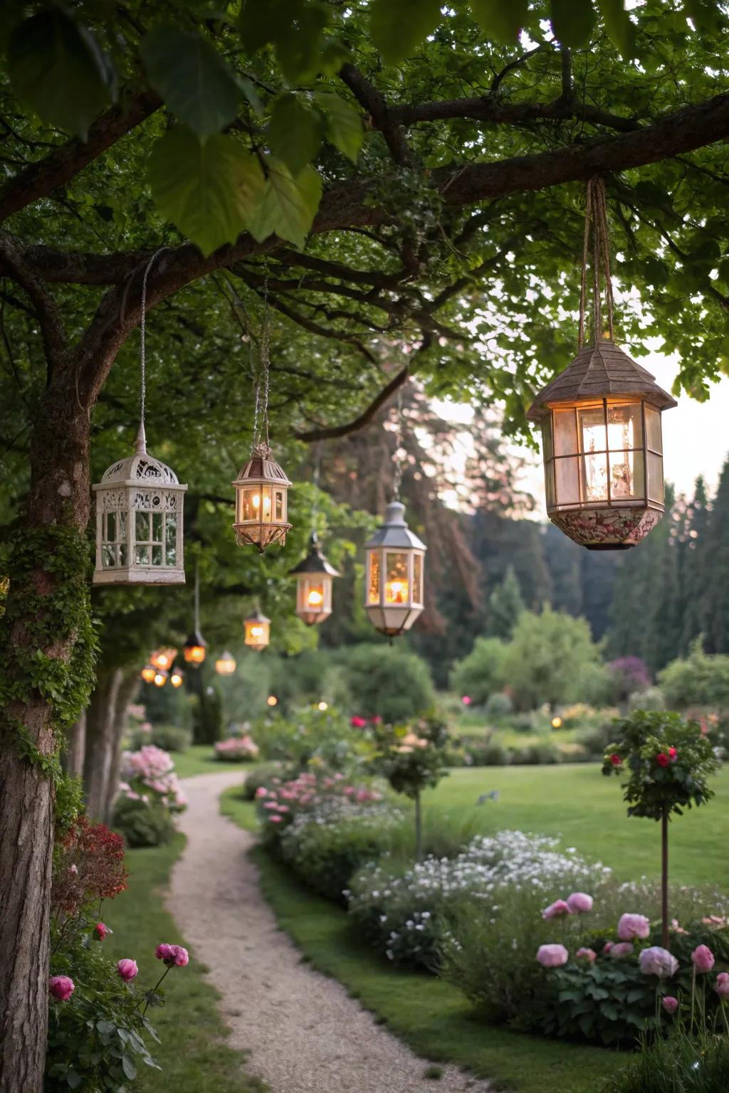 A garden adorned with whimsical hanging lanterns.