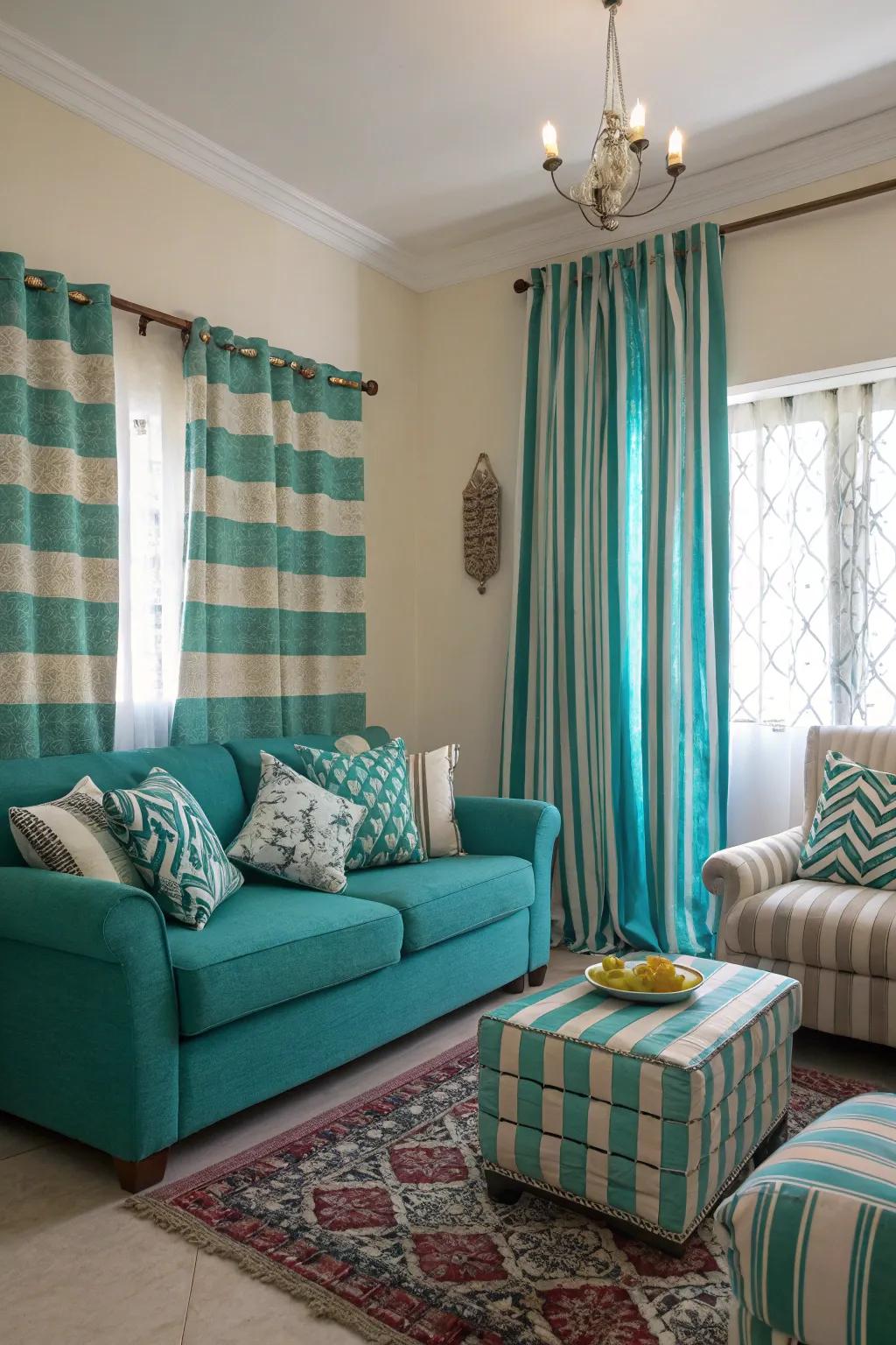 Striped patterns in teal and turquoise add a playful sophistication.