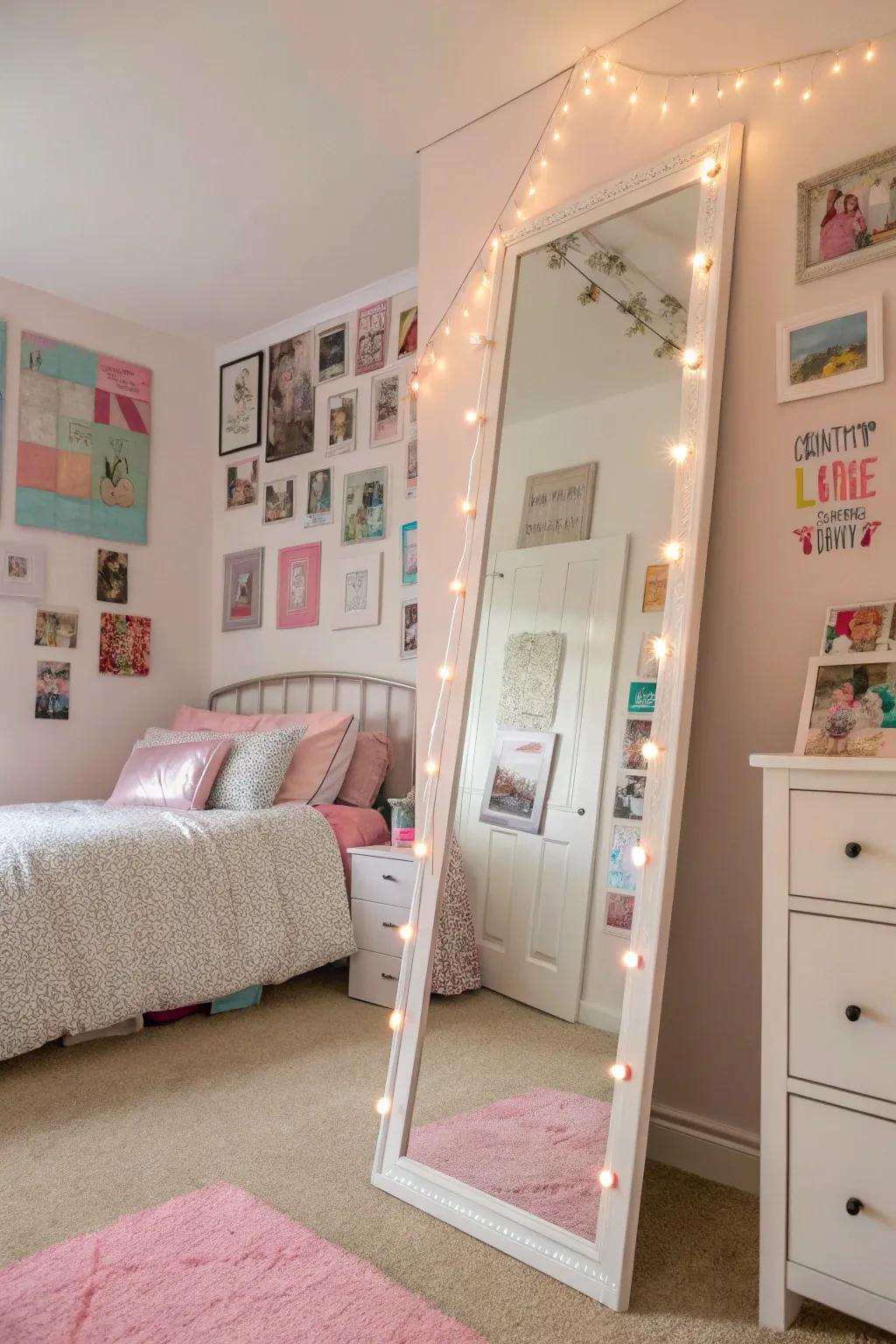 A large mirror enhances brightness and space in a teen girl's bedroom.