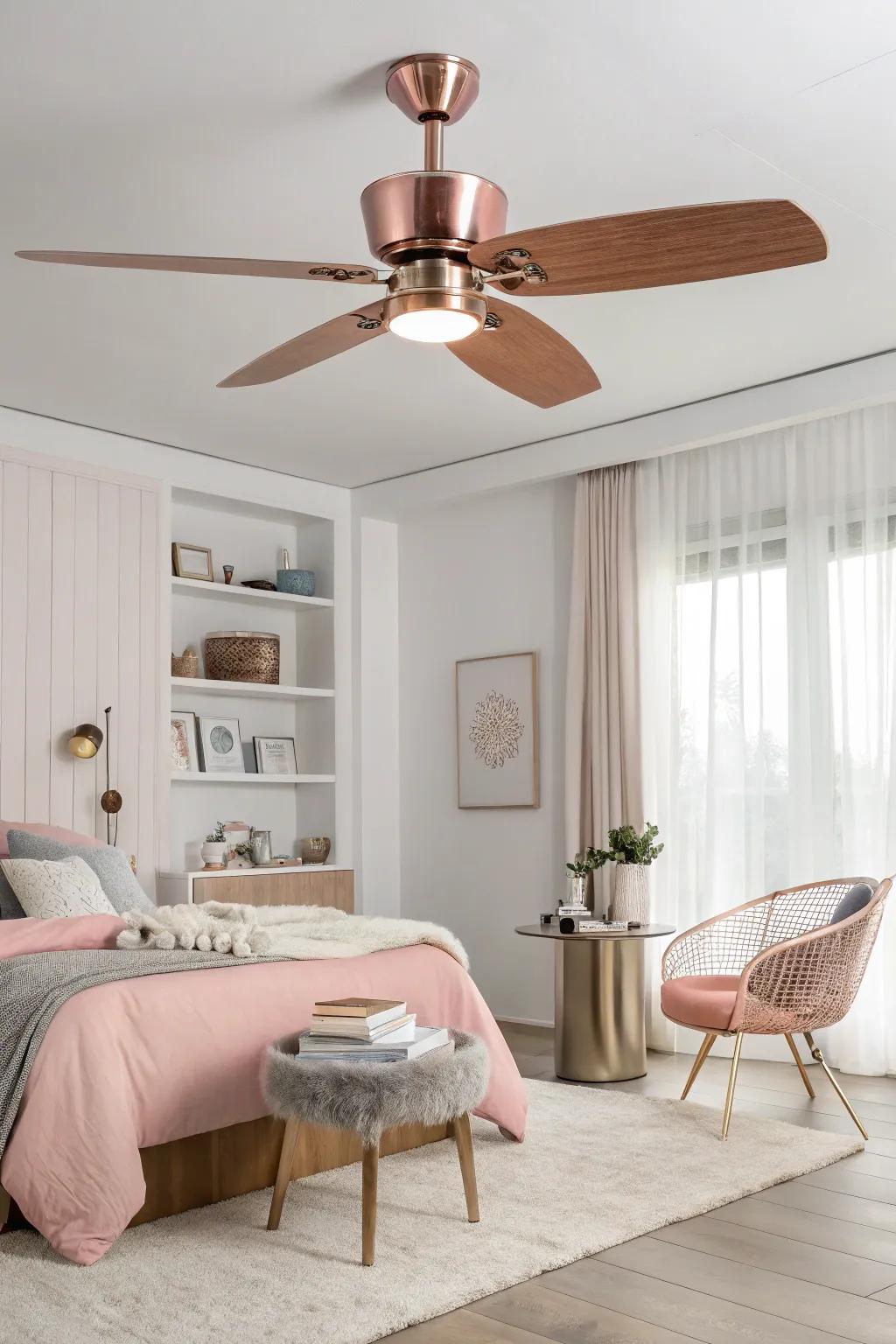 A rose gold ceiling fan combines style with functionality.