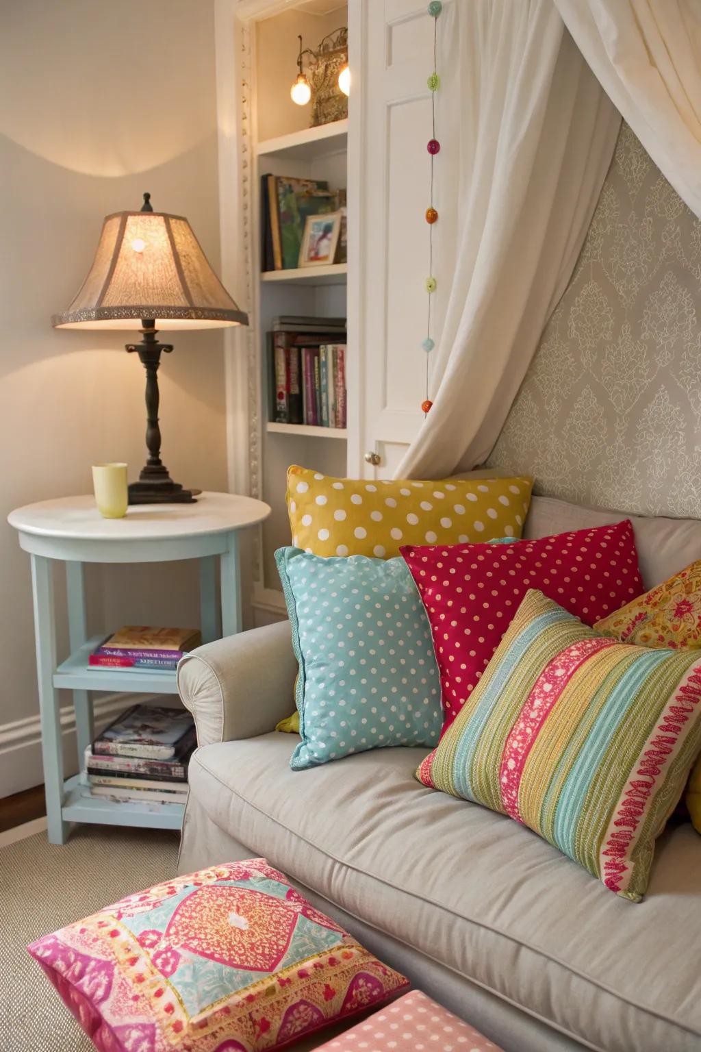 A snug and welcoming corner with a cozy pillow arrangement.