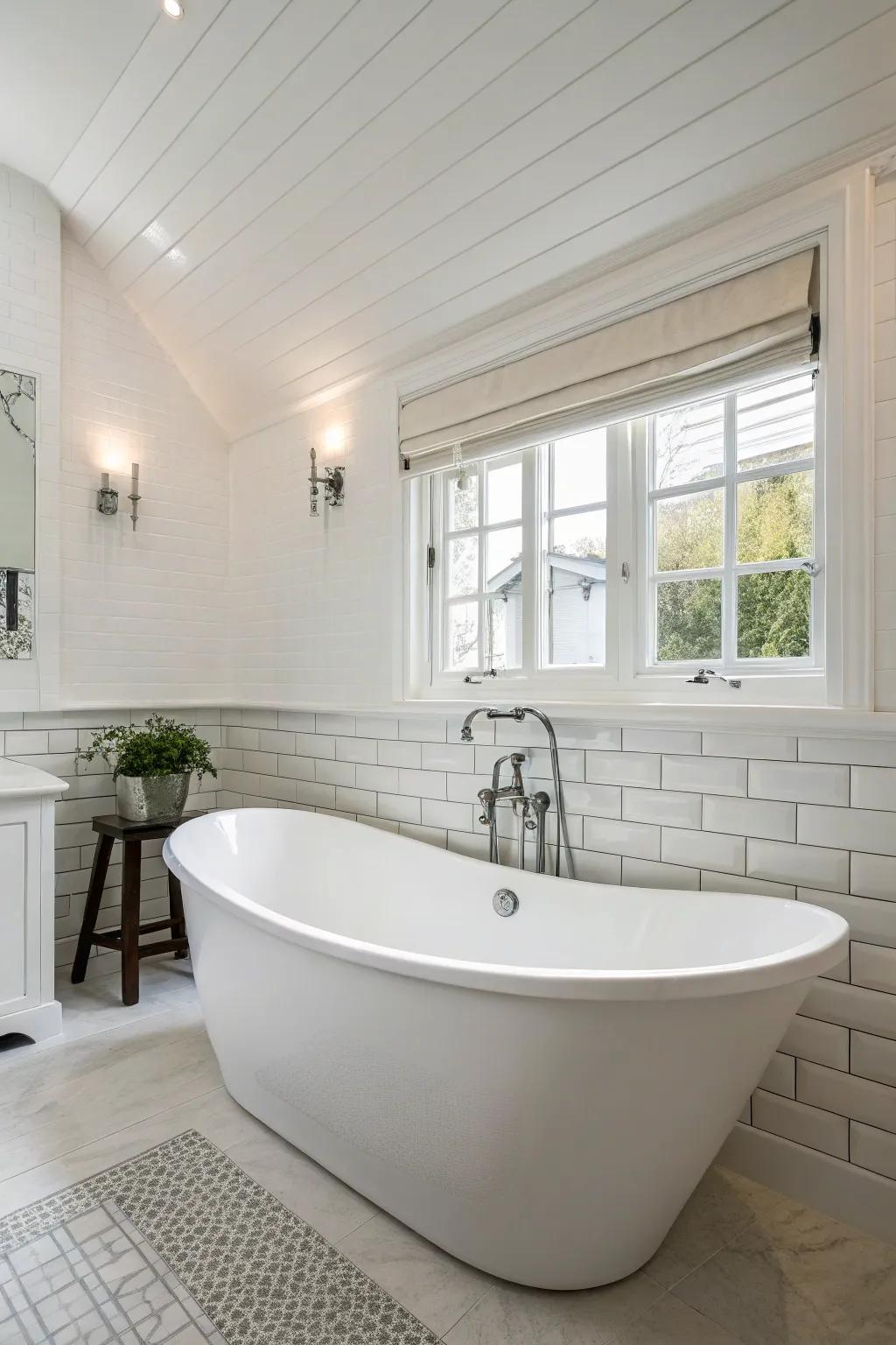 A white bathroom featuring a statement tub that anchors the space.