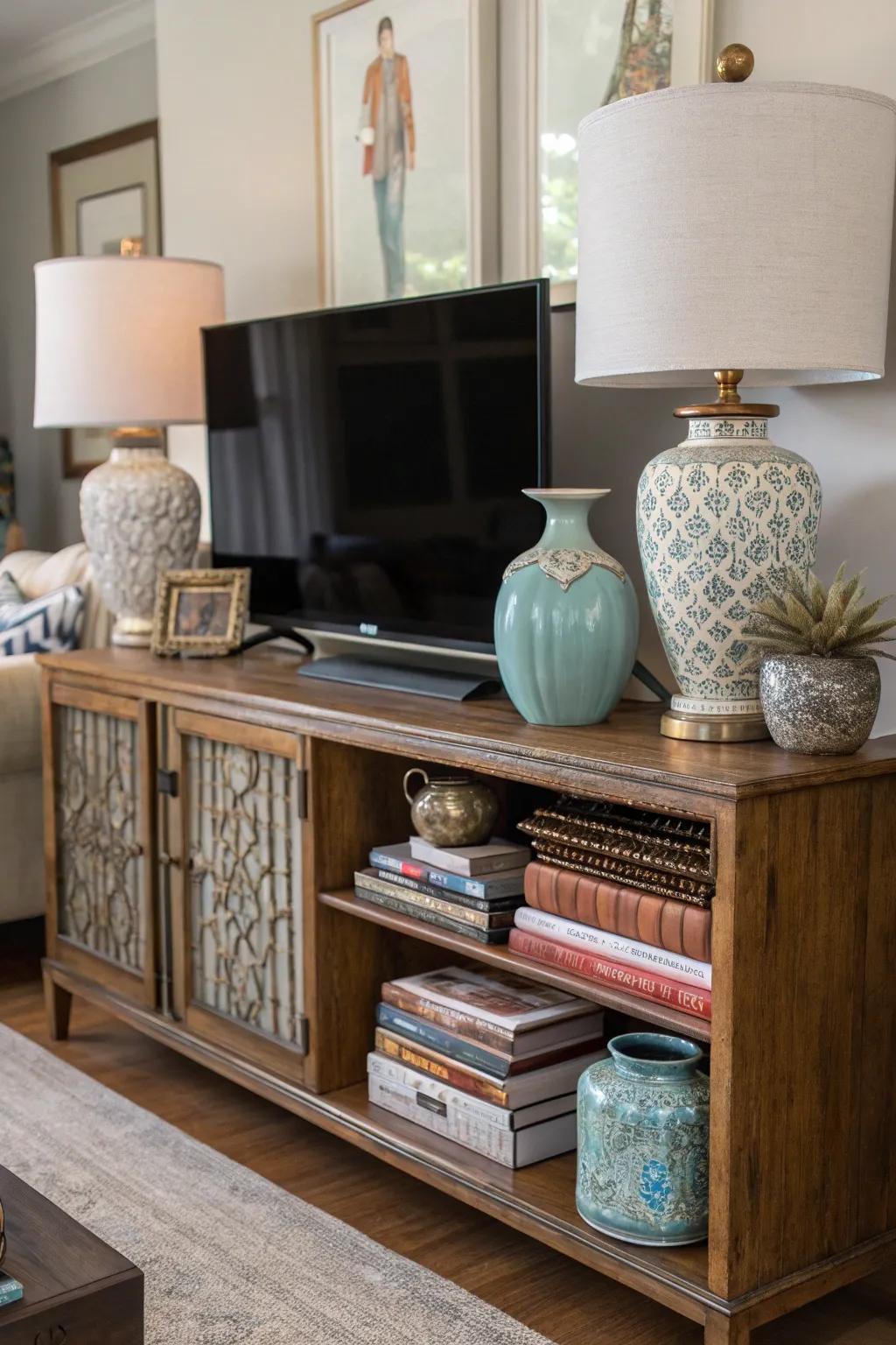 Eclectic mix of styles and objects on a TV console.