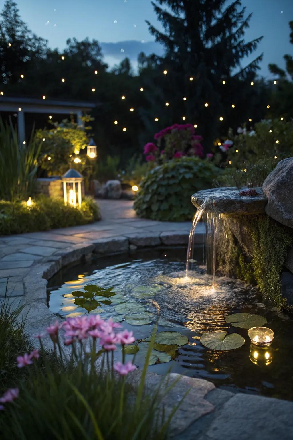 Submerged illumination adds nighttime drama and magic.
