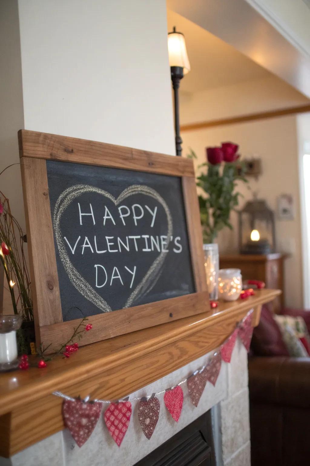 A charming chalkboard sign adds a personal touch to the mantel.