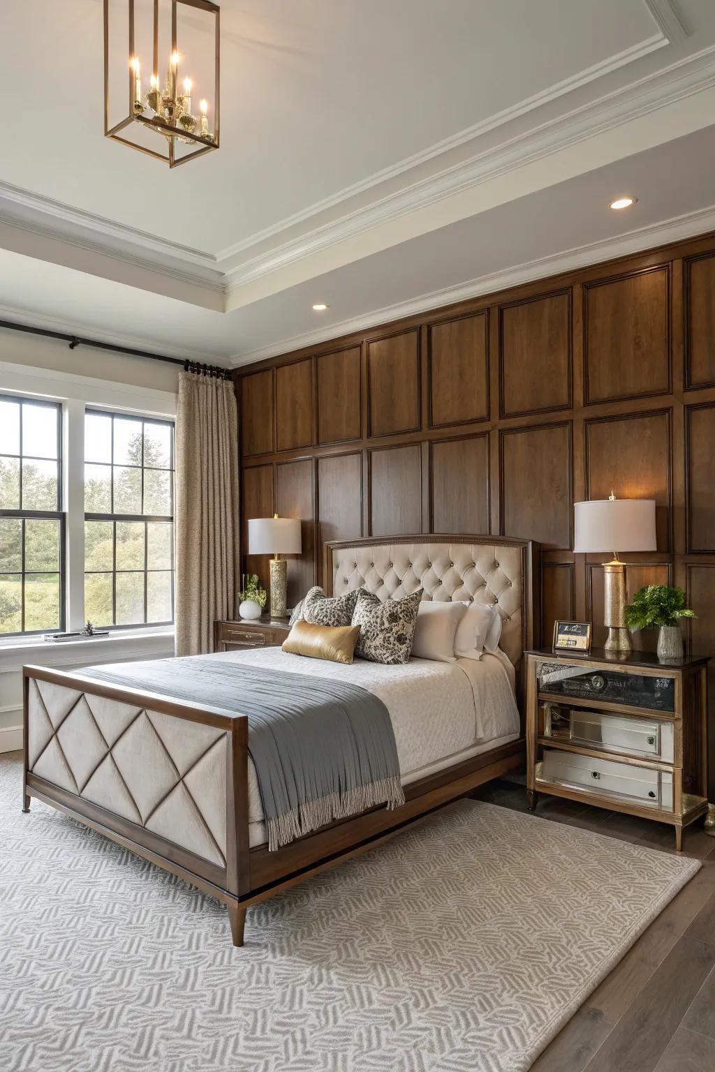 A mix of materials in wainscoting adds a modern touch to your bedroom.