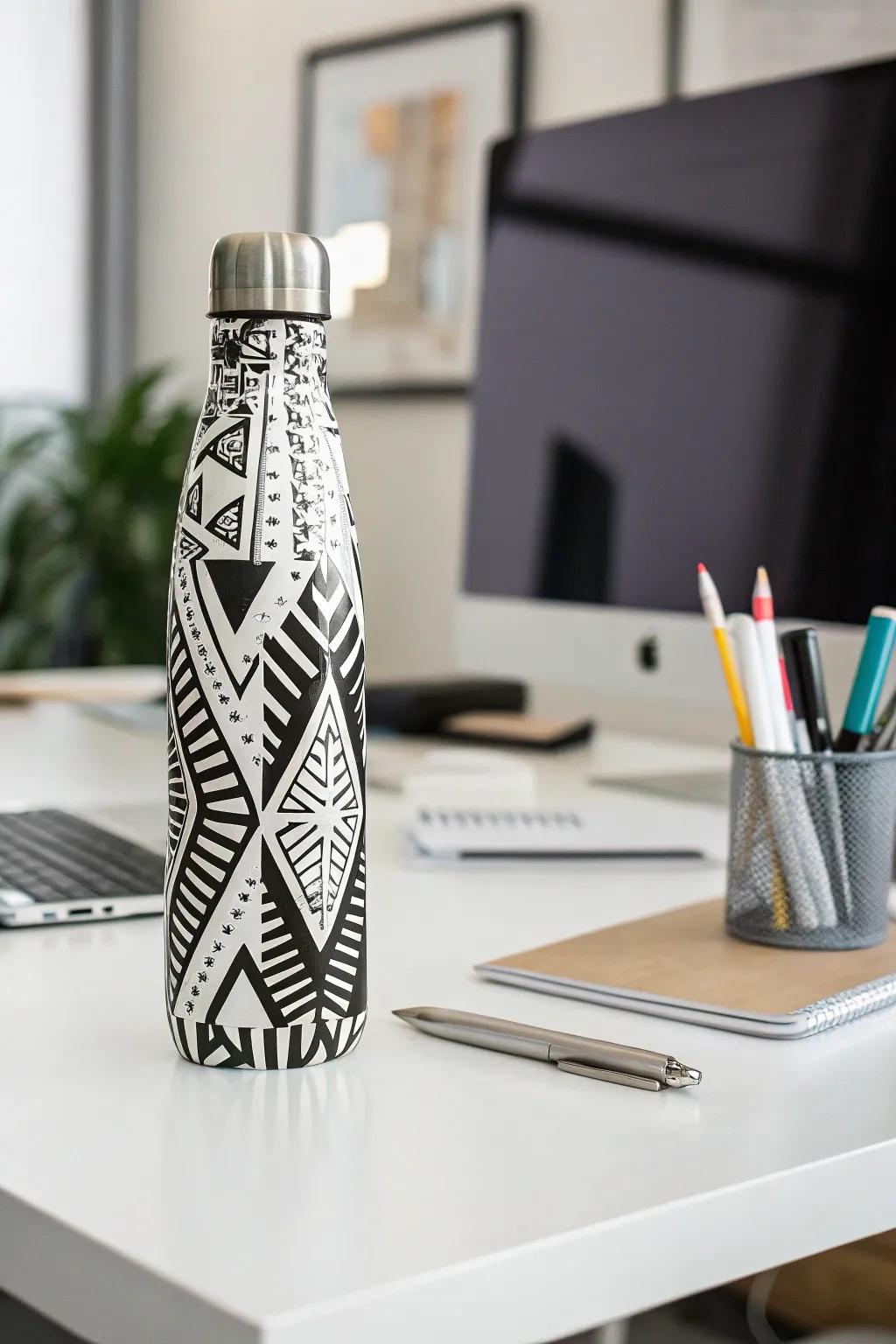 A modern water bottle with bold geometric patterns.